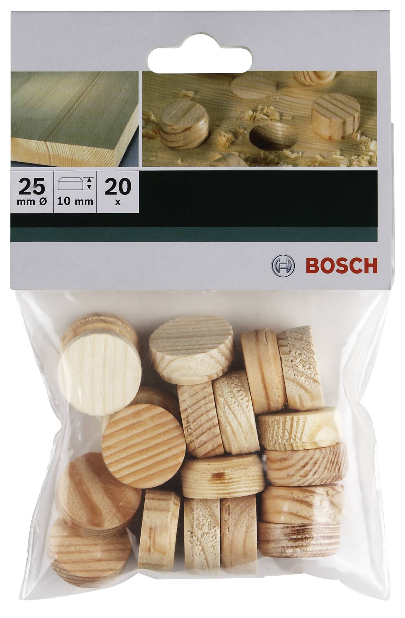 Eine Verpackung mit 20 Holzdeckeln von Bosch, 25 mm Durchmesser, 10 mm Höhe. Oben sind Anwendungsmöglichkeiten abgebildet.