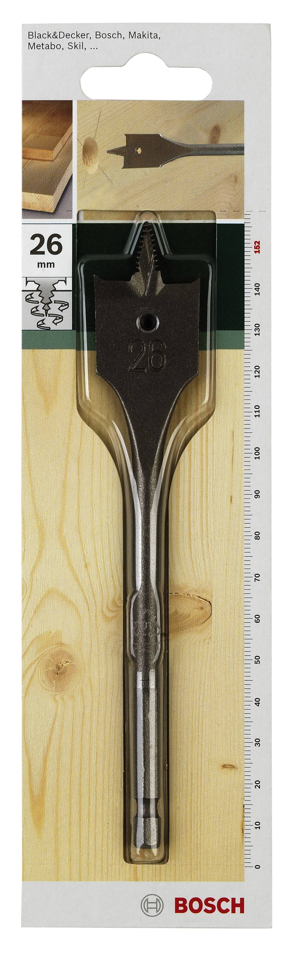 Bosch Flachfräsbohrer, 26 mm, kompatibel mit Bohrmaschinen von Bosch, Makita und Metabo, Verpackung mit Maßeinheiten zur Referenz.