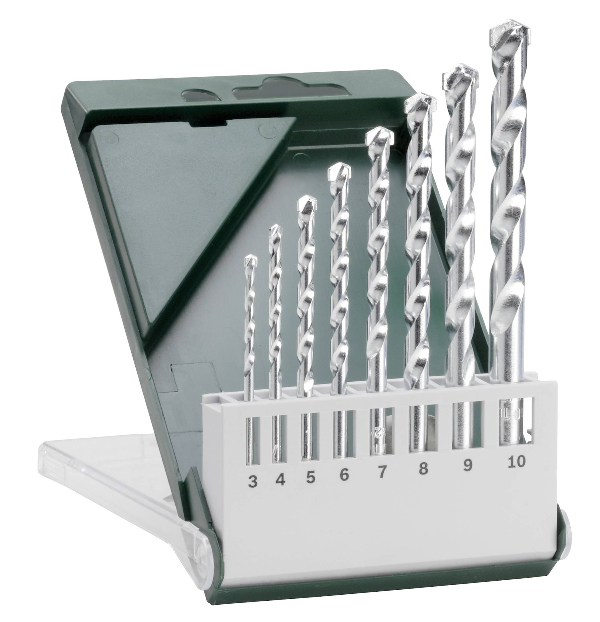 Ein Set von zehn silbernen Bohrern in verschiedenen Größen, aufrecht stehend in einer grünen Kunststoffbox, nummeriert von 3 bis 10.