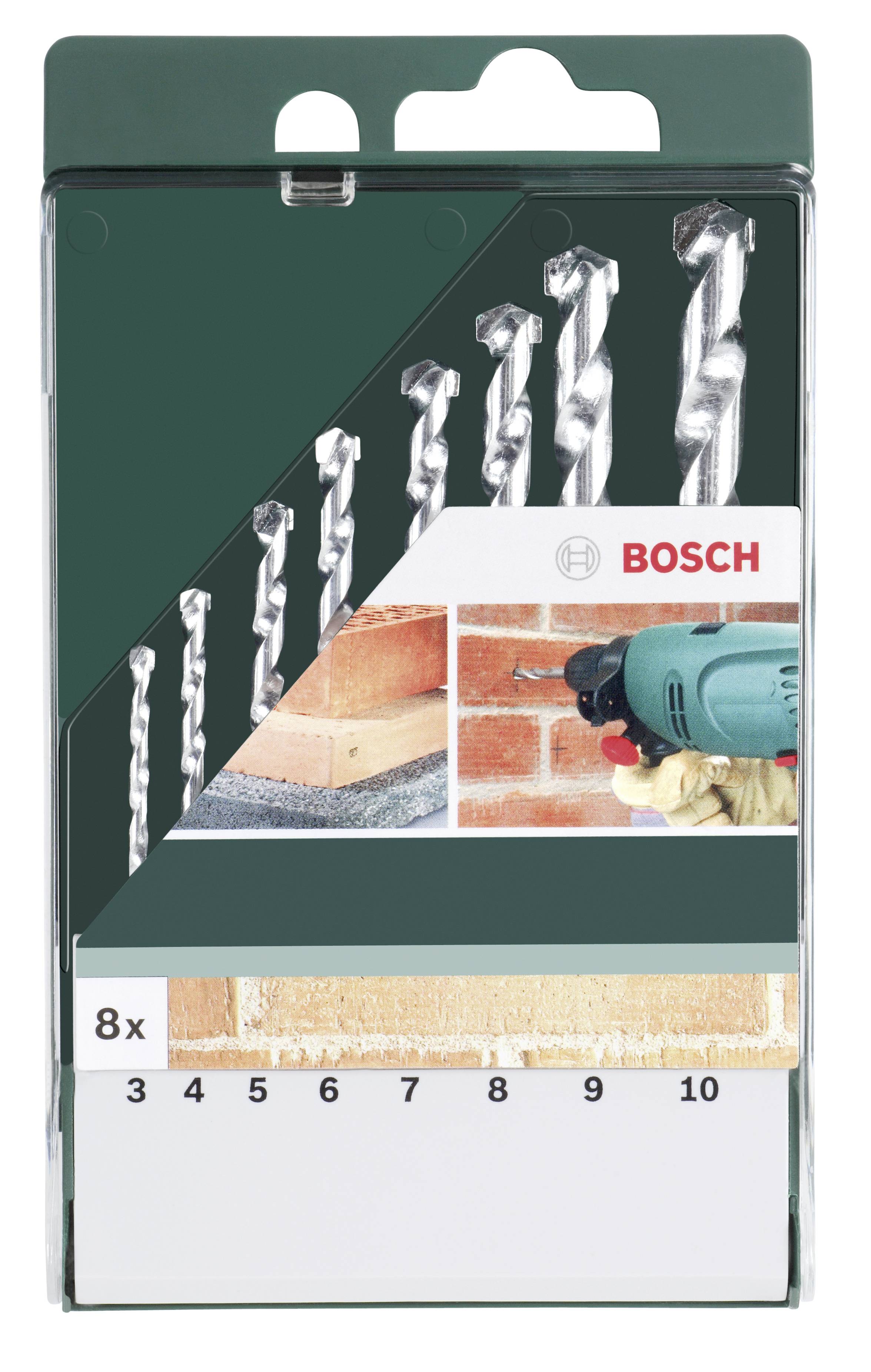 Packung mit acht Bosch-Bohrern unterschiedlicher Größe, geeignet für Arbeiten auf Ziegelstein, abgebildet mit Bohrer und Ziegelwand.
