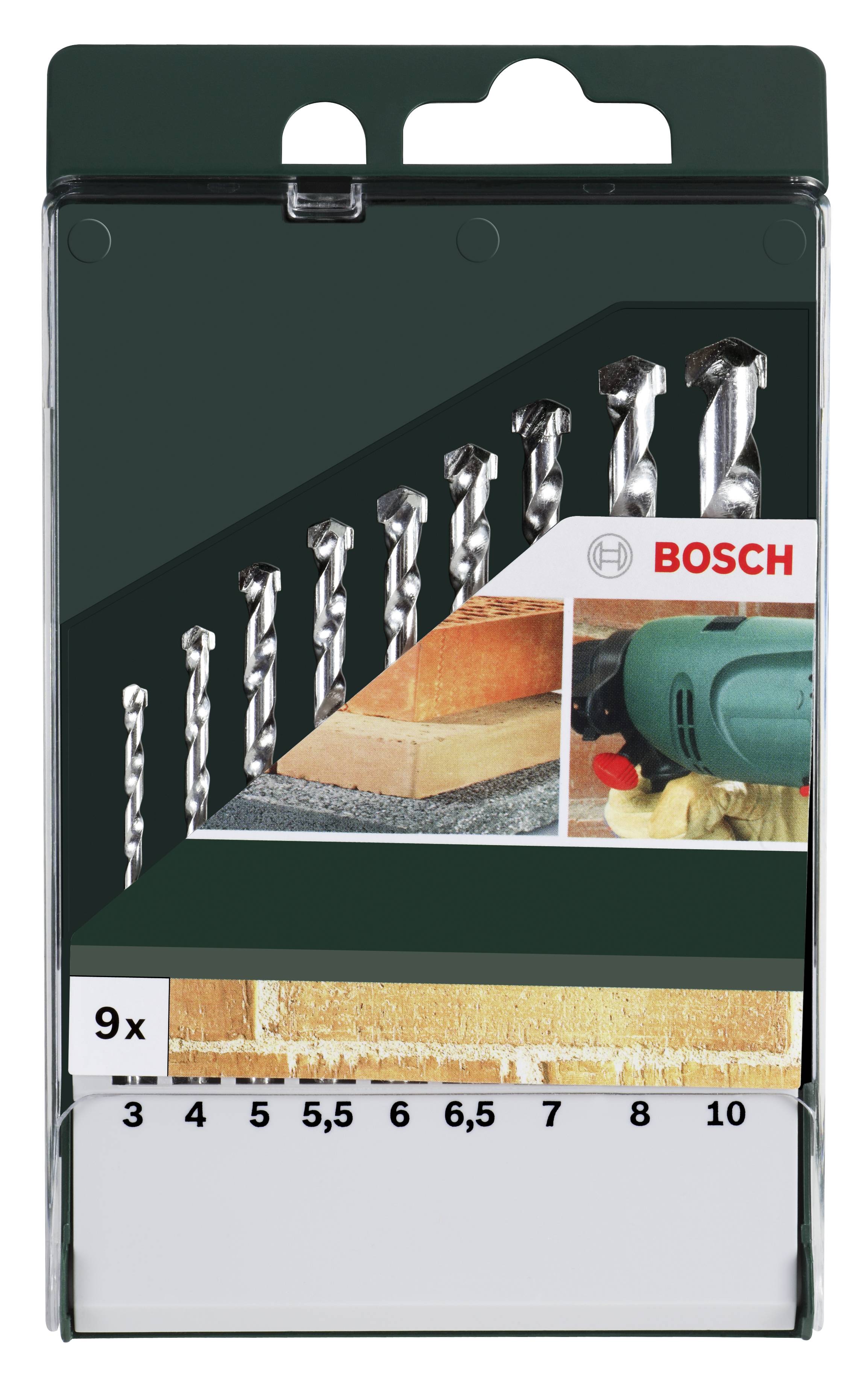 Packung mit neun Bohrern unterschiedlicher Größe, Marke Bosch, für Bohrarbeiten in Ziegel. Zubehör im Heimwerkerbereich.