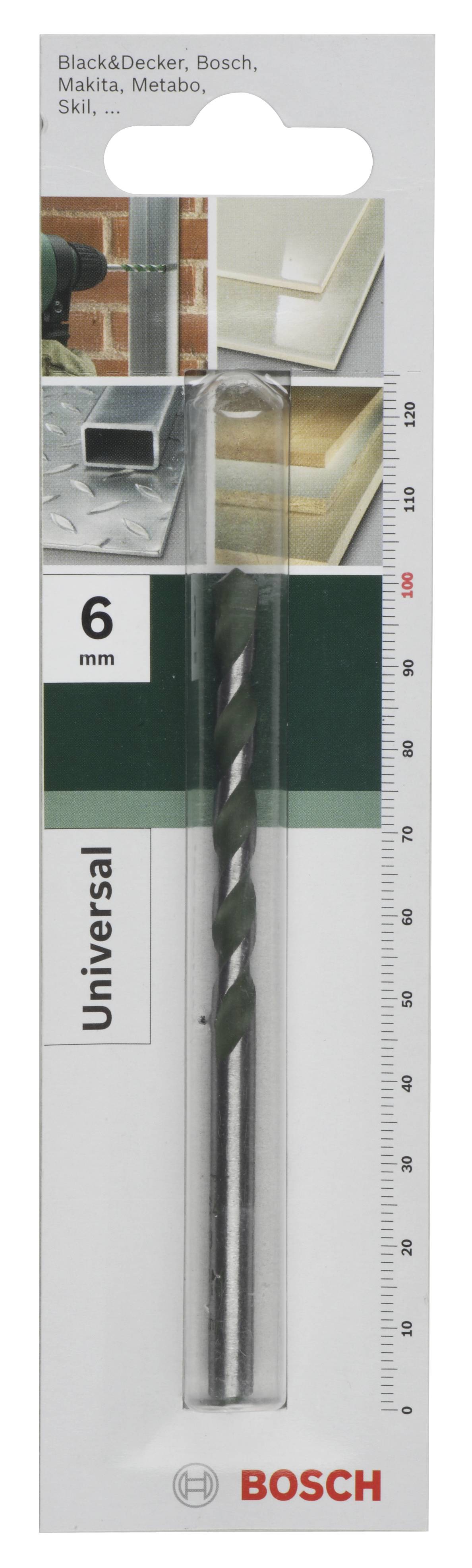 Verpackung eines 6 mm Bosch Universal-Bohrers. Geeignet für Marken wie Black & Decker, Makita und andere. Enthält Bilder der Anwendungen.
