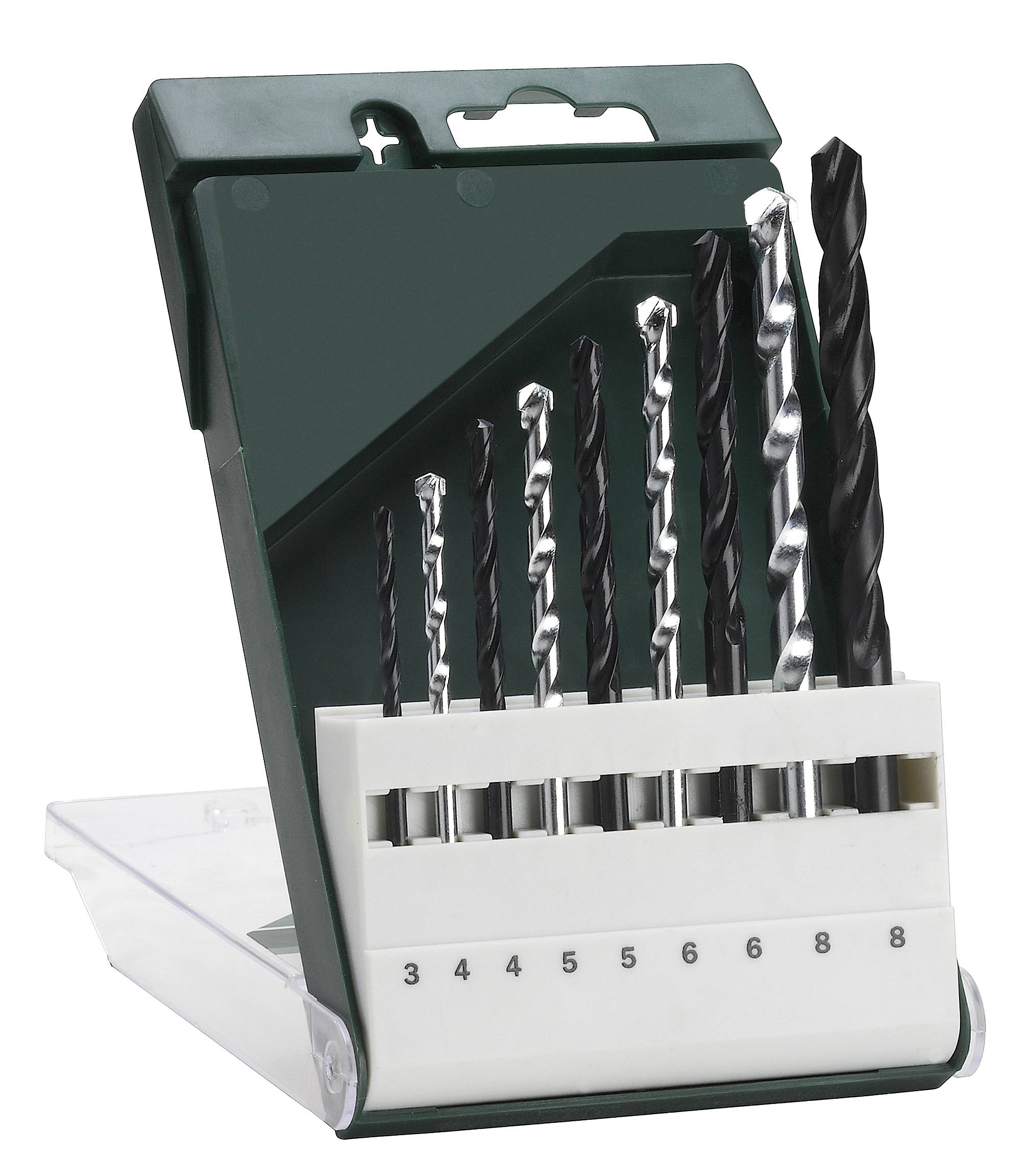 Ein Set aus acht Bohrern in verschiedenen Größen, präsentiert in einer offenen grünen Box mit nummerierten Schlitzen zur Aufbewahrung.