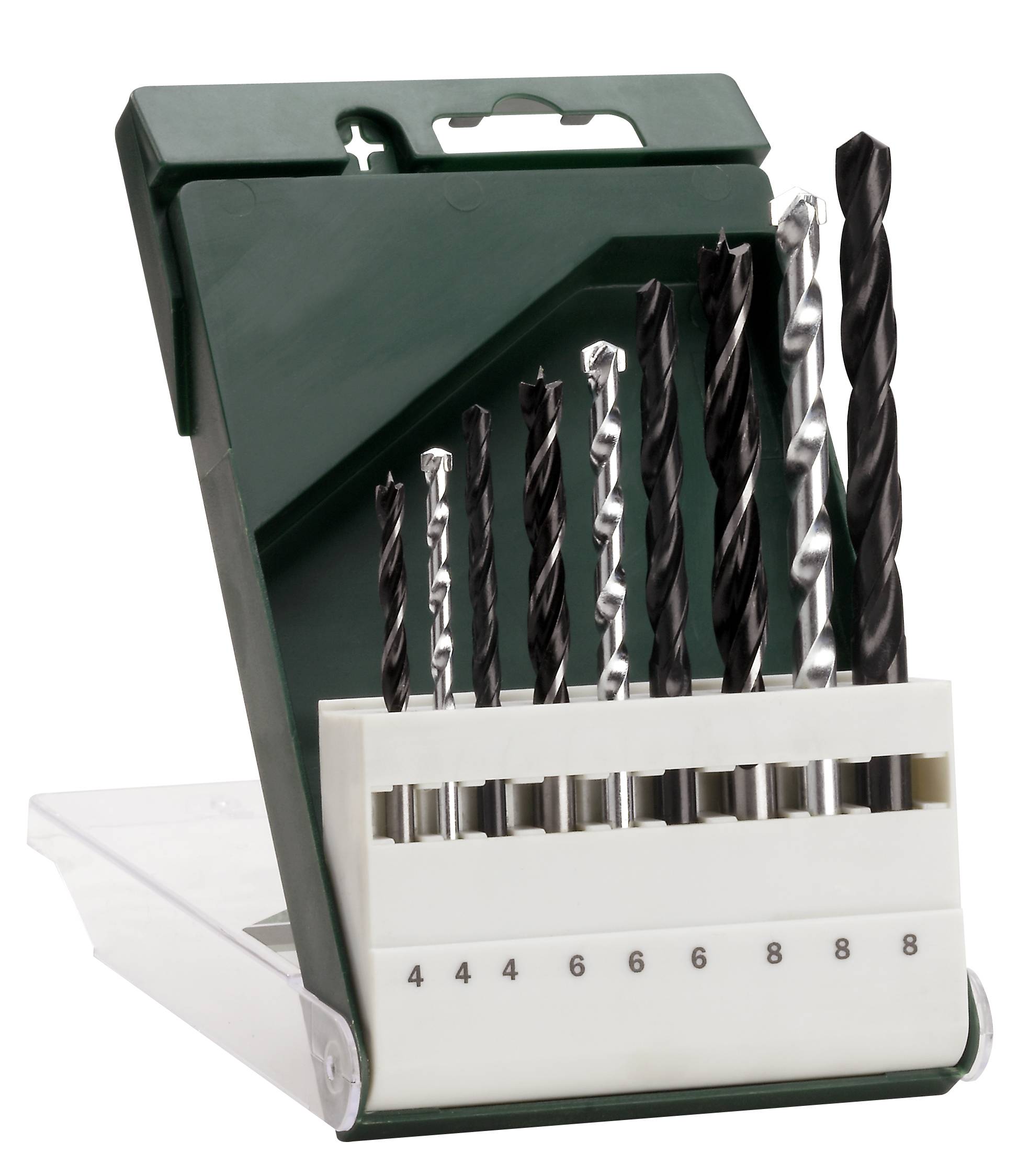 Ein Set mit acht Bohrern unterschiedlicher Größe (4 bis 8 mm) ist in einem offenen grünen Etui angeordnet.