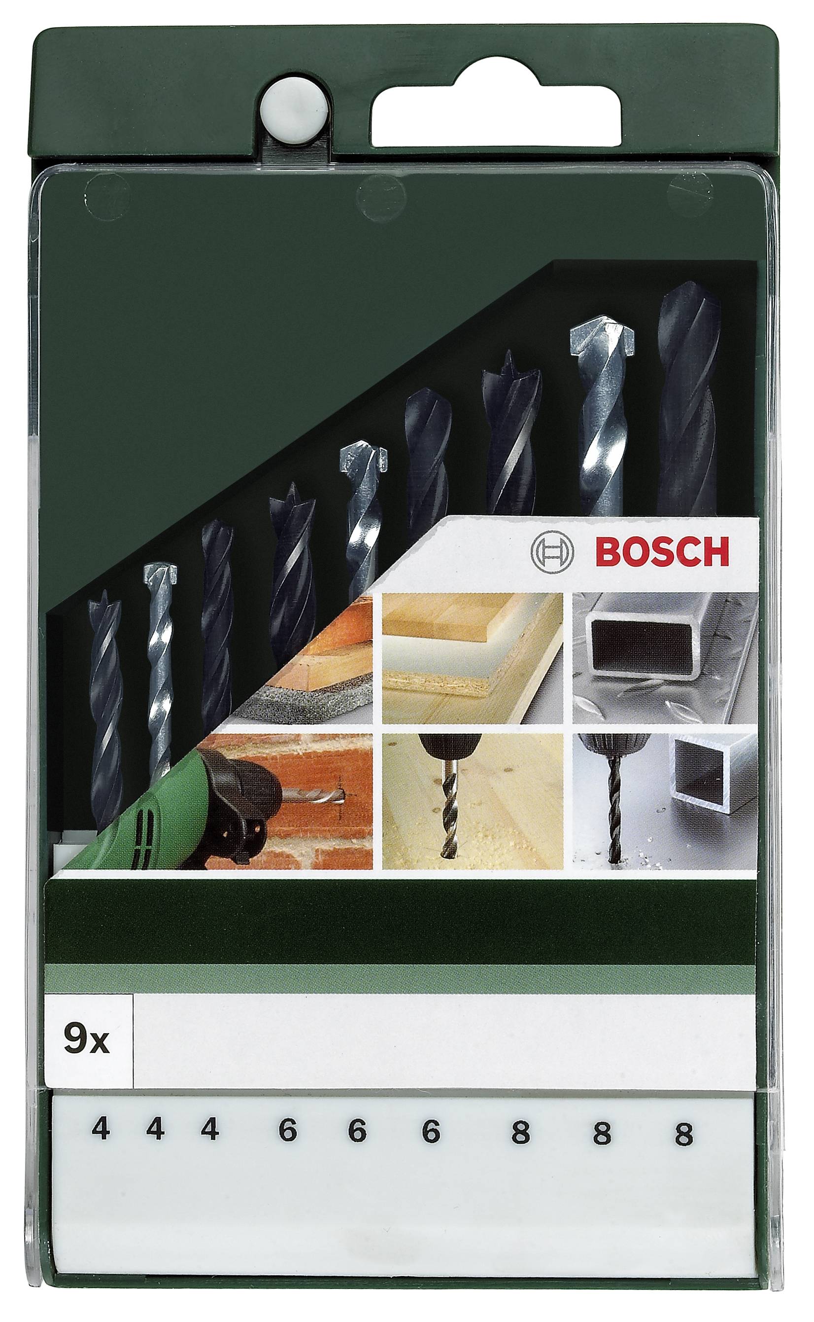 Bohrer-Set von Bosch; 9-teilig; Metall- und Betonbohrer; Bohrergrößen von 4 bis 8 mm; Abbildung zeigt Anwendungen im Holz und Beton.