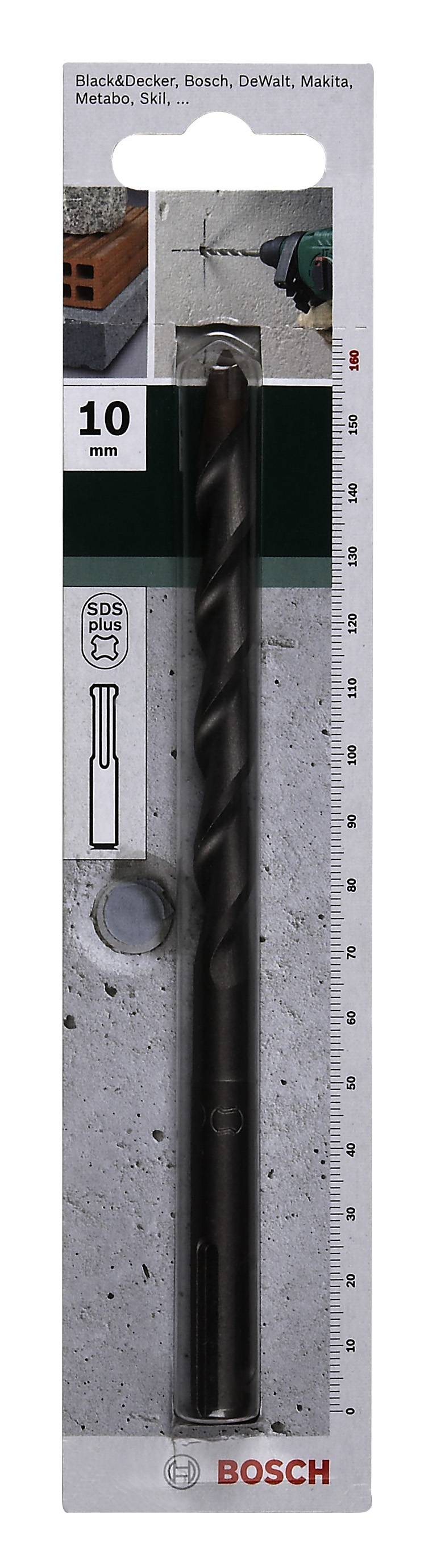 Bohrer-Verpackung von Bosch. Enthält einen Bohrer mit SDS-Technologie und die Größe 10. Geeignet für Beton, zeigt Einsatzbeispiele.