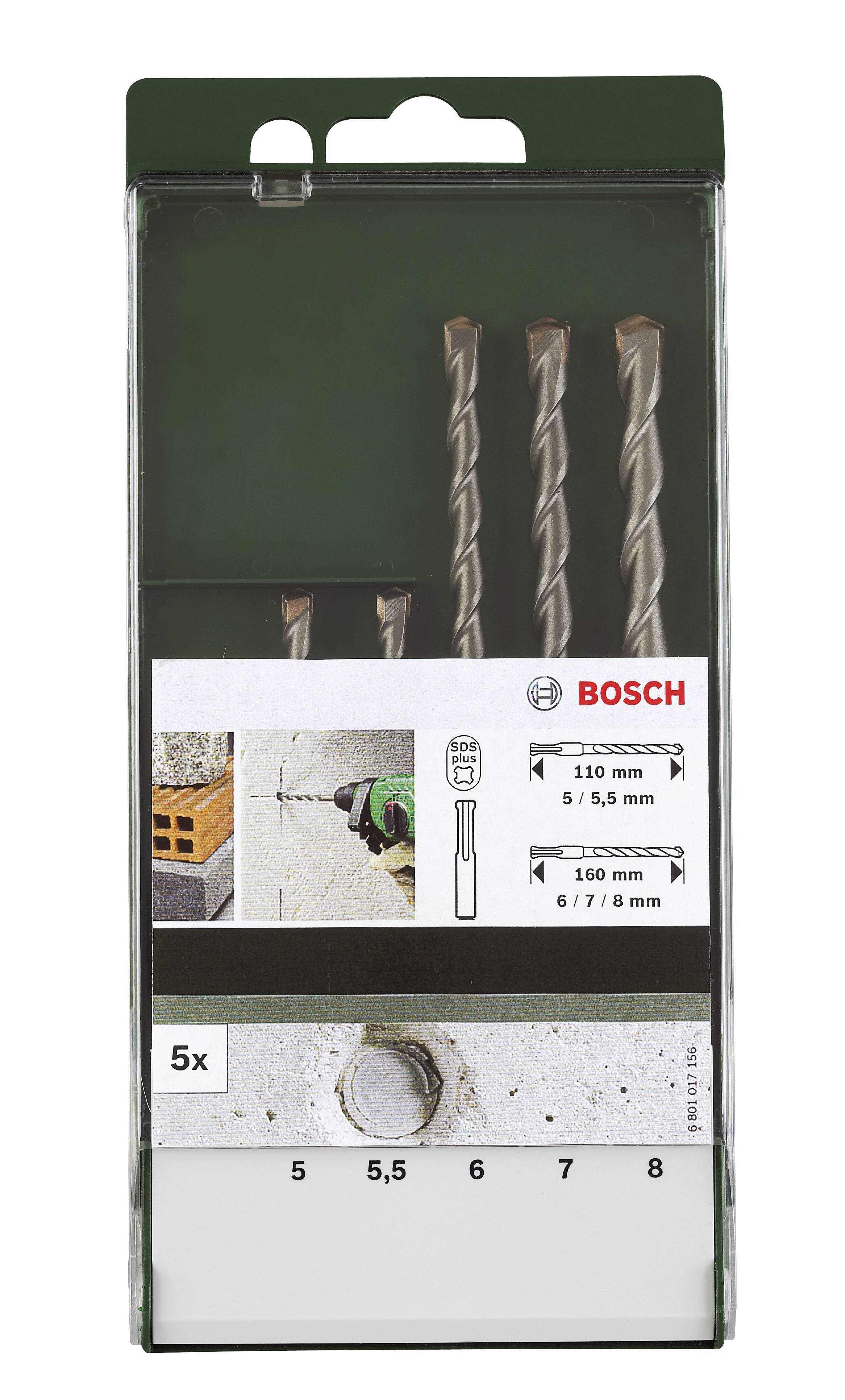 Eine Verpackung mit fünf Bosch-Bohrern, Größen 5, 5,5, 6, 7 und 8 mm. Geeignet für Mauerwerkbohrungen, zeigt ein Bild der Anwendung.