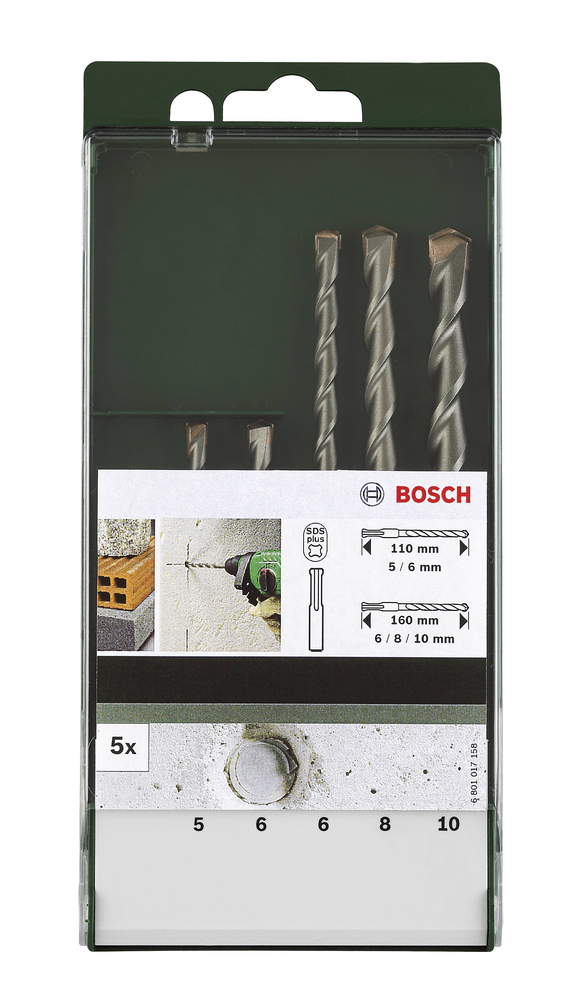 Bohrer-Set mit fünf Metallbohrern in verschiedenen Größen, verpackt in einer transparenten Box. Geeignet für Stein- und Betonarbeiten.