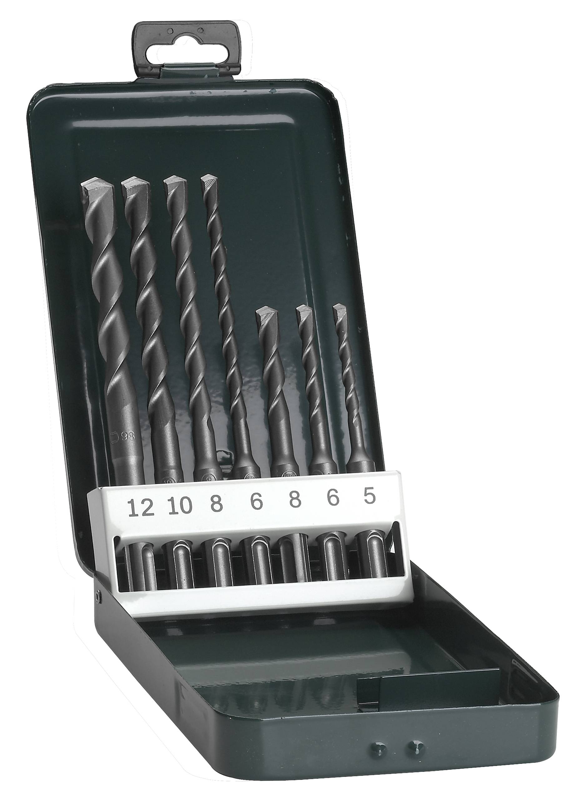 Ein offener Metallkoffer mit einem Set Spiralbohrer in verschiedenen Größen von 5 bis 12 Millimetern.