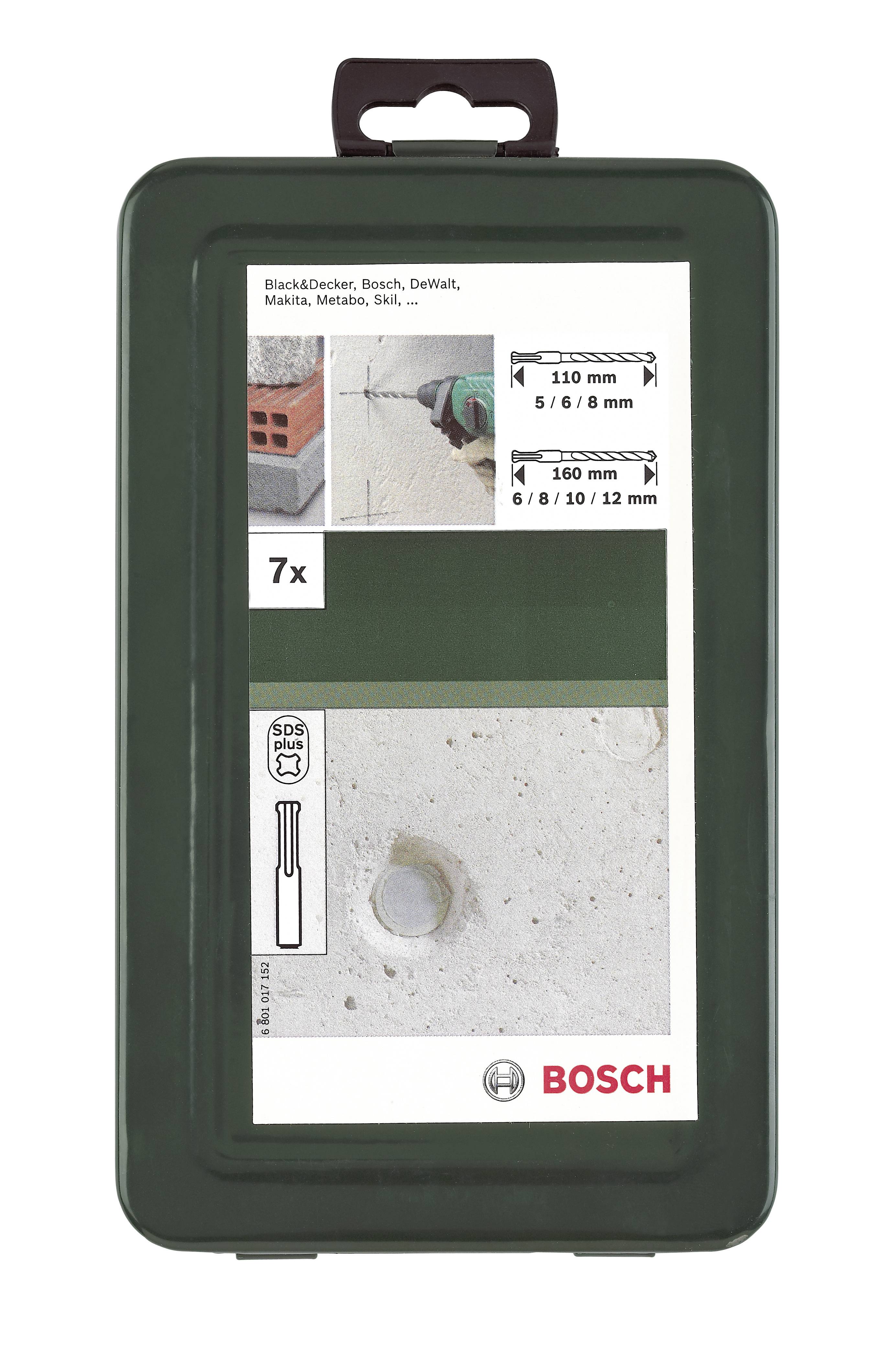 Verpackung eines 7-teiligen Bohrer-Sets, zeigt Bohrvorgang und Maße 5-12 mm. Marken: Bosch, Dewalt, Makita, Metabo.