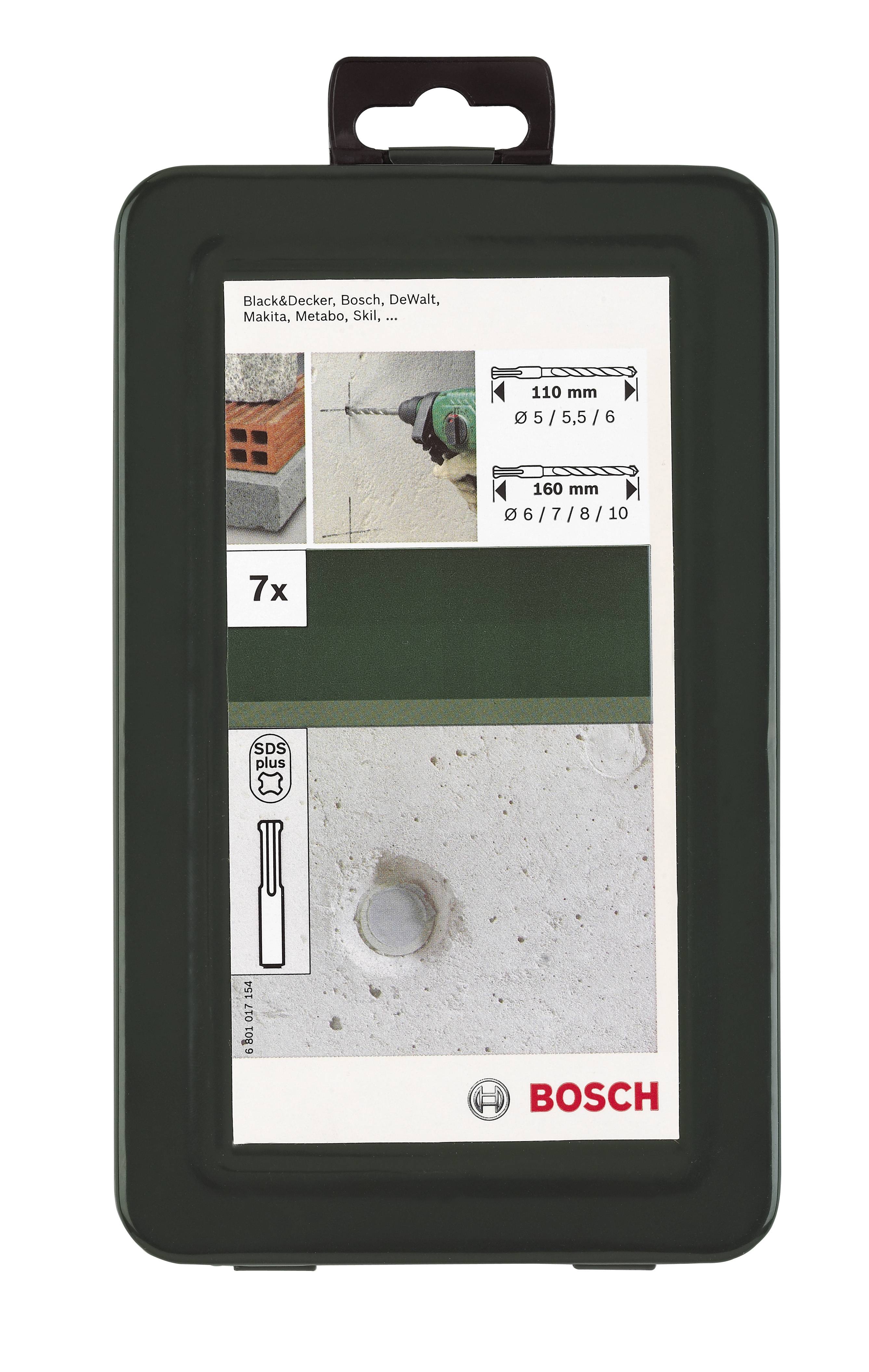 Bohrerset-Hülle mit 7 Bohrern, Markenname 'Bosch', Abbildung eines Bohrers im Einsatz, passend für verschiedene Materialien.