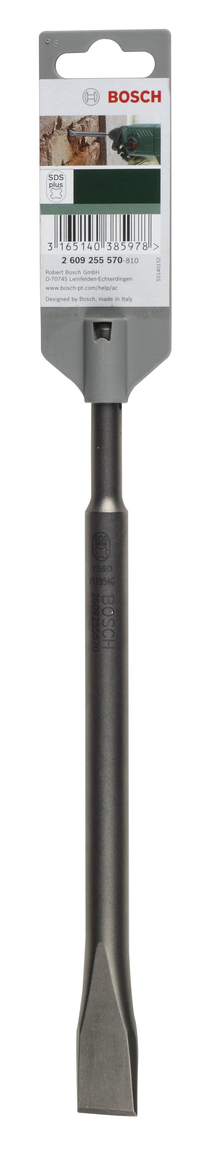 'Bosch SDS-plus Spitzmeißel', ein Meißel mit grauem Schaft und Etikett, geeignet für Bohrhämmer, dargestellt vor weißem Hintergrund.