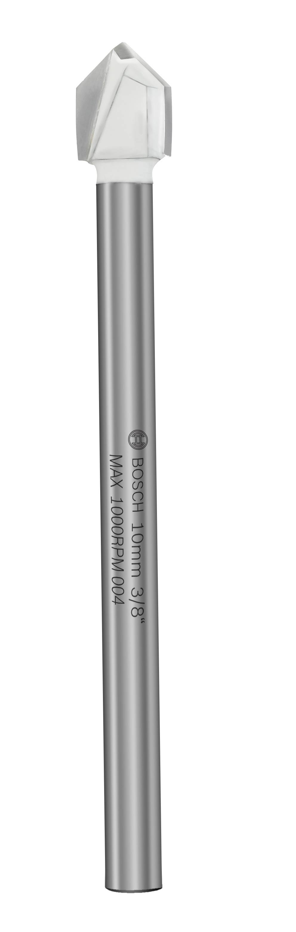 Metallbohrer mit silbernem Schaft und weißer Spitze; Aufschrift '10mm 3/8