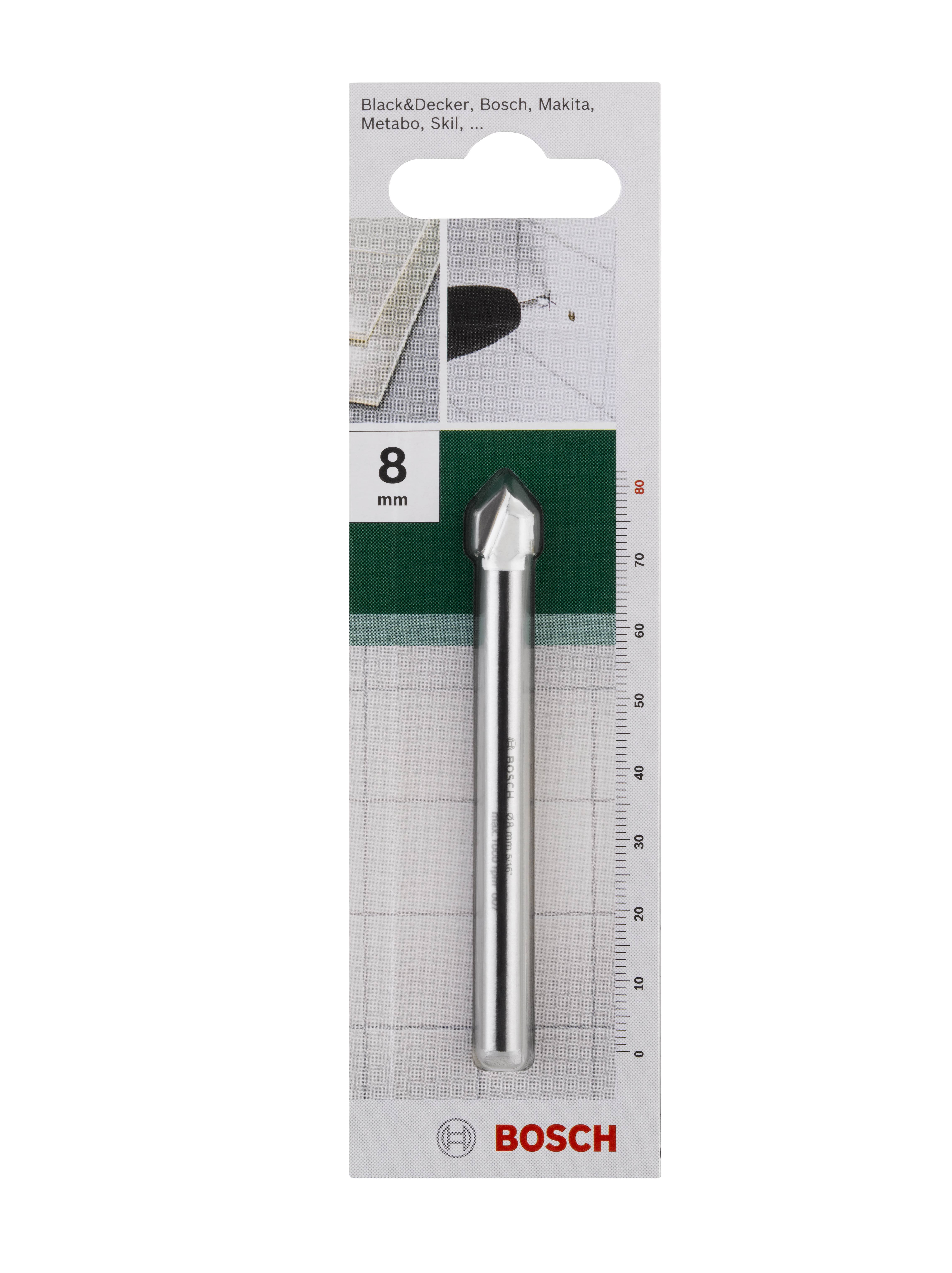 'Bosch 8 mm Fliesenbohrer' in Verpackung, geeignet für Keramikfliesen. Verpackung zeigt Bohrer mit Maßstab und Fliesenanwendung.