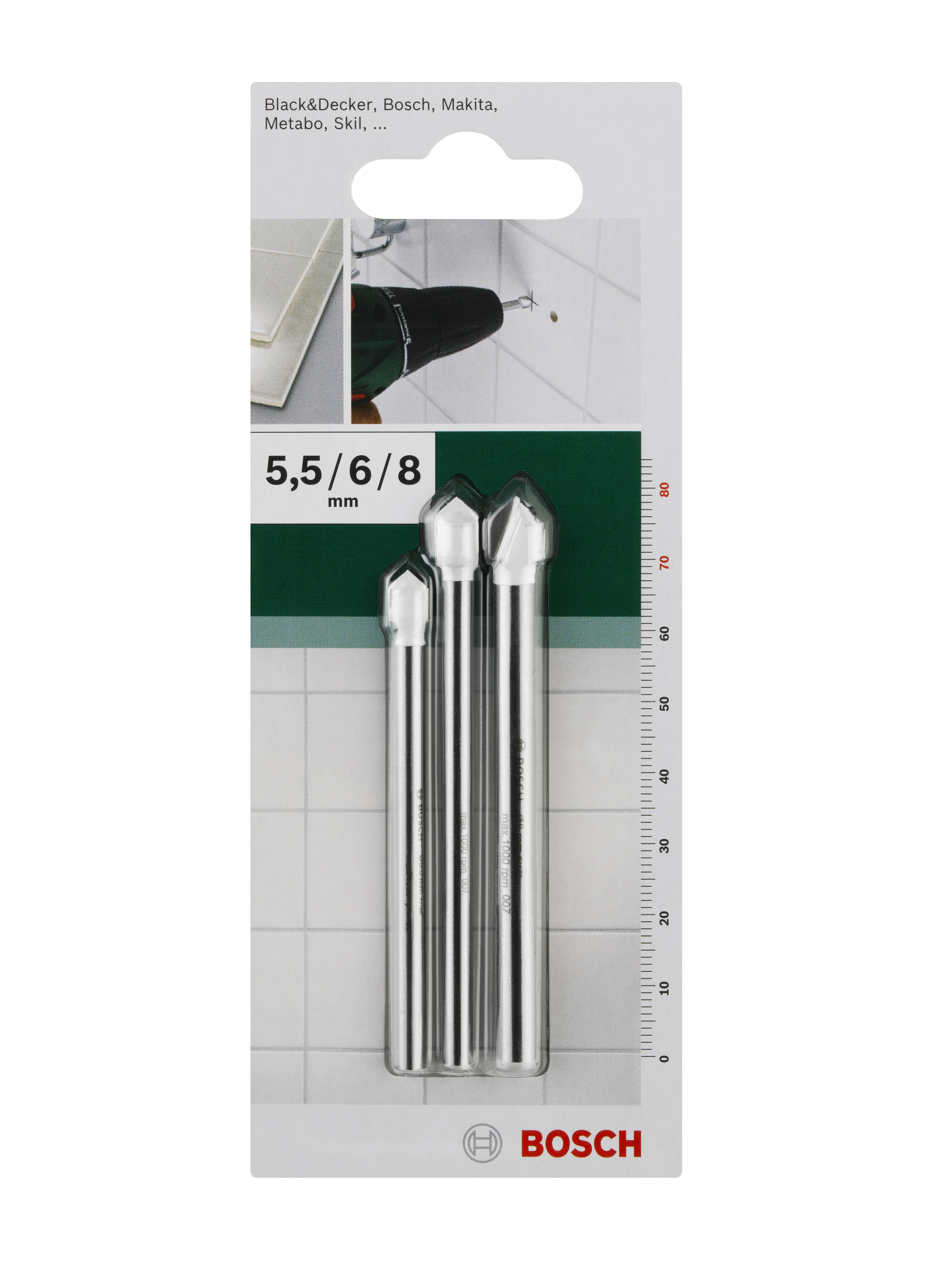 Verpackung von Bosch Fliesenbohrern für Bohrmaschinen, drei Größen: 5,5 mm, 6 mm, 8 mm. Geeignet für Fliesen und Keramik.