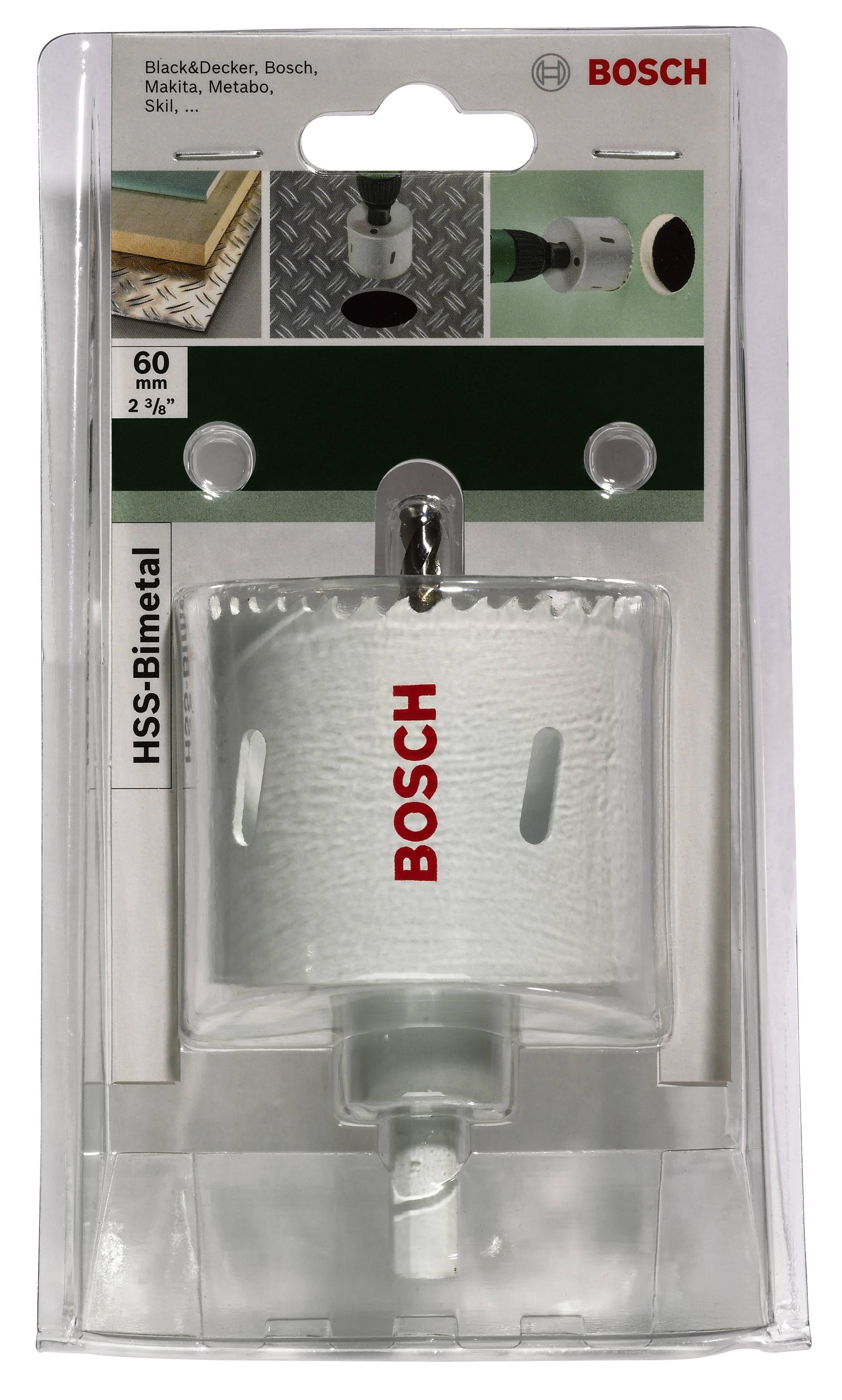 Verpackte Lochsäge von Bosch mit Aufschrift 'Bosch', geeignet für verschiedene Materialien, Durchmesser 60 mm. Ideal für Bohrarbeiten.