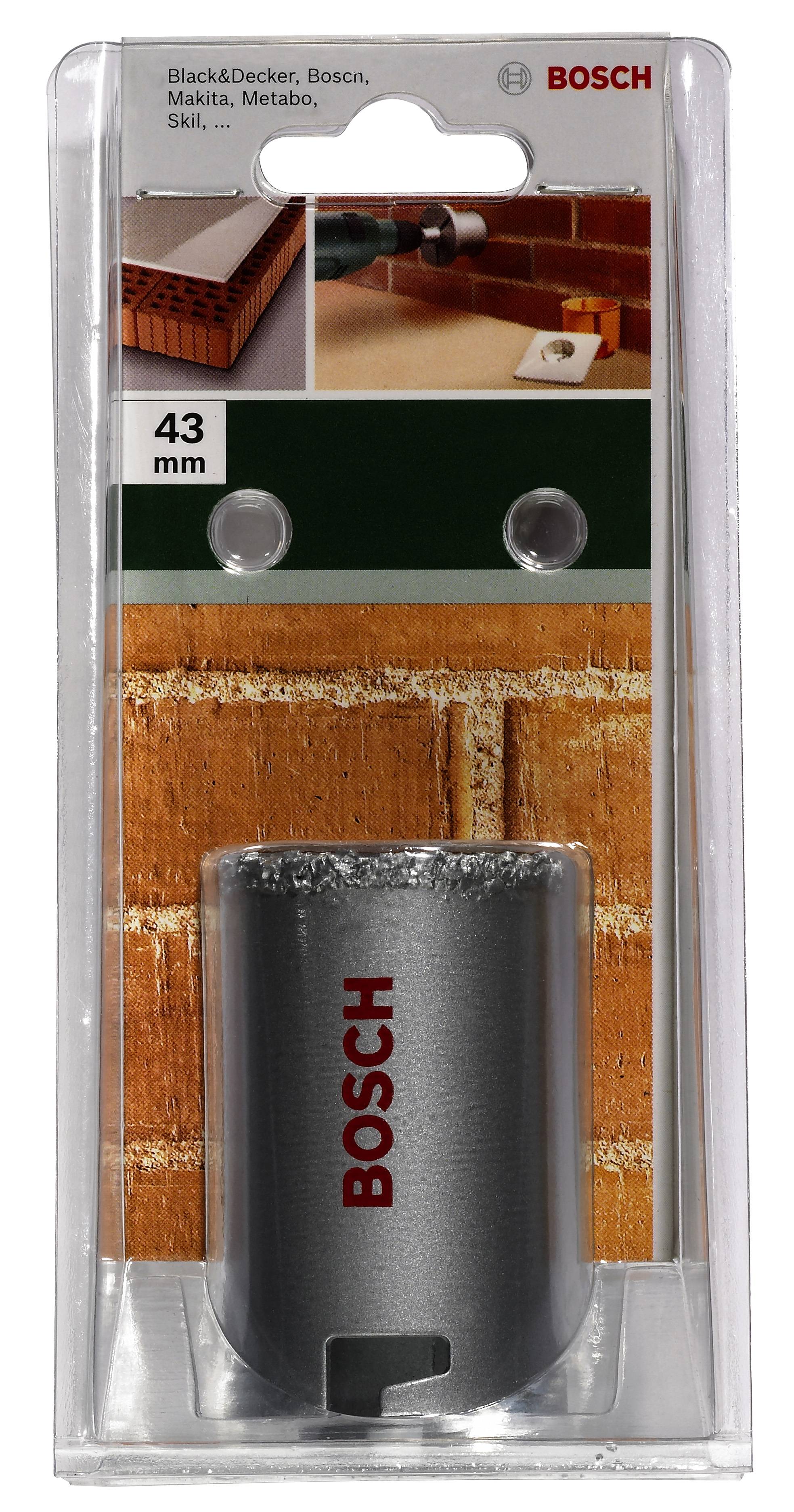 Verpackte Bohrkrone von Bosch, 43 mm Durchmesser, geeignet für verschiedene Bohrmaschinenmarken, abgebildet vor einer Mauer.