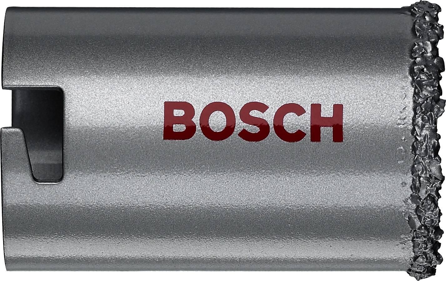 Grauer, metallischer Bohrer mit gesägtem Rand, Marke 'Bosch' in roter Schrift auf der Seite.