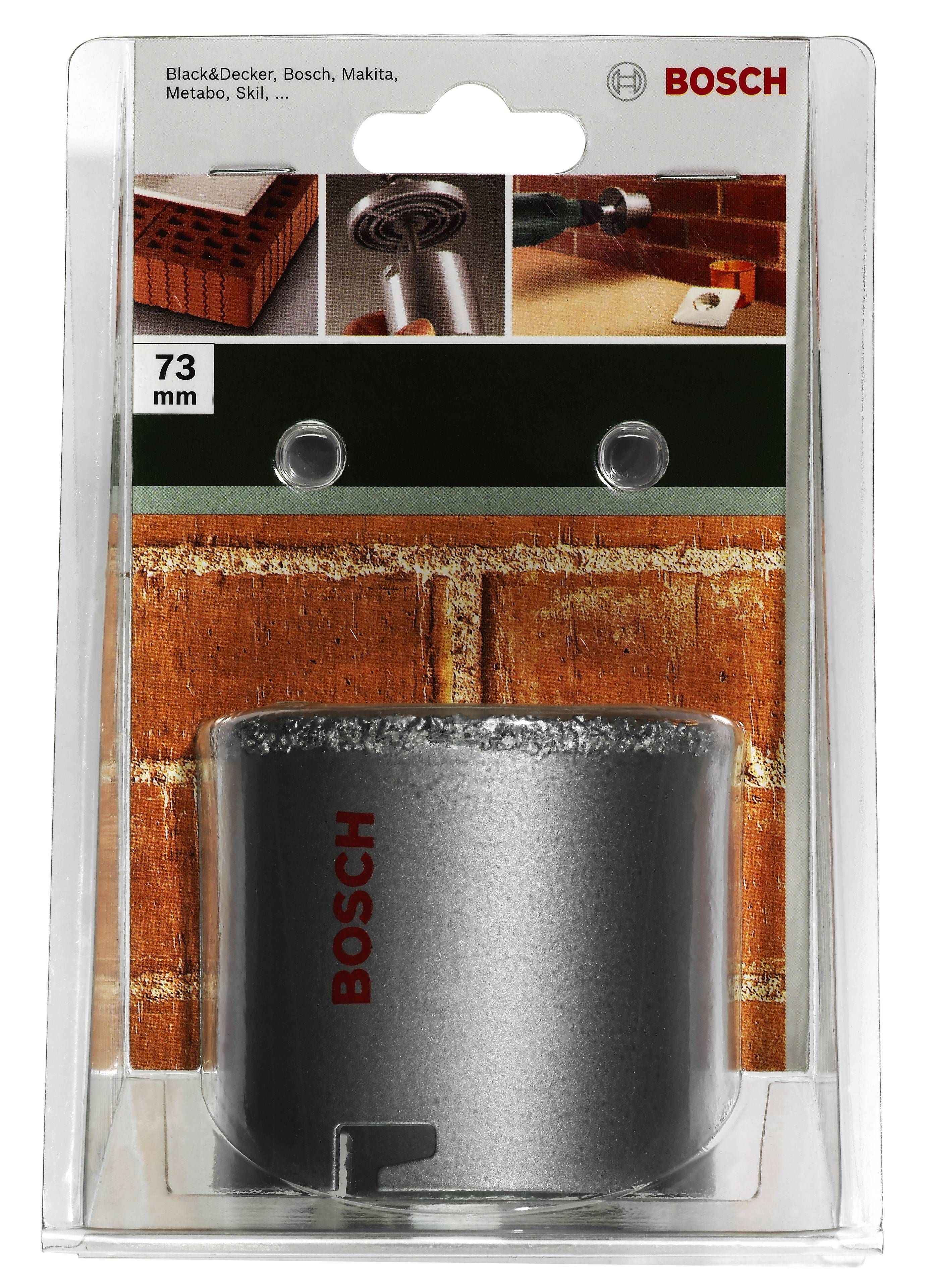 Verpackung eines Bosch 73mm Bohrers für Beton und Ziegel. Oben sind Bilder, die den Bohrer in Aktion zeigen. Markenlogo sichtbar.