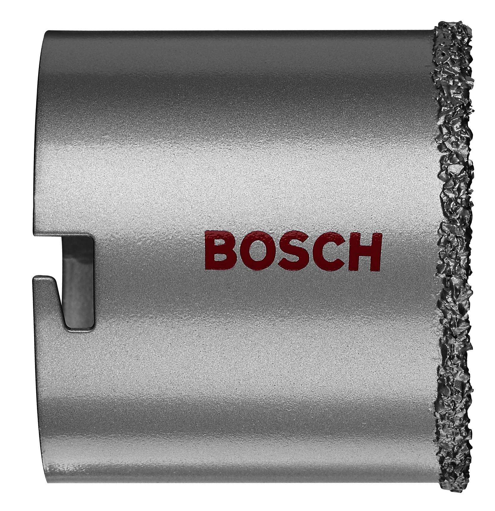 Silberne Bohrkrone mit Aufschrift 'BOSCH' in Rot, glatt auf der Oberfläche und gezahnte Kante, für präzises Bohren in harten Materialien.