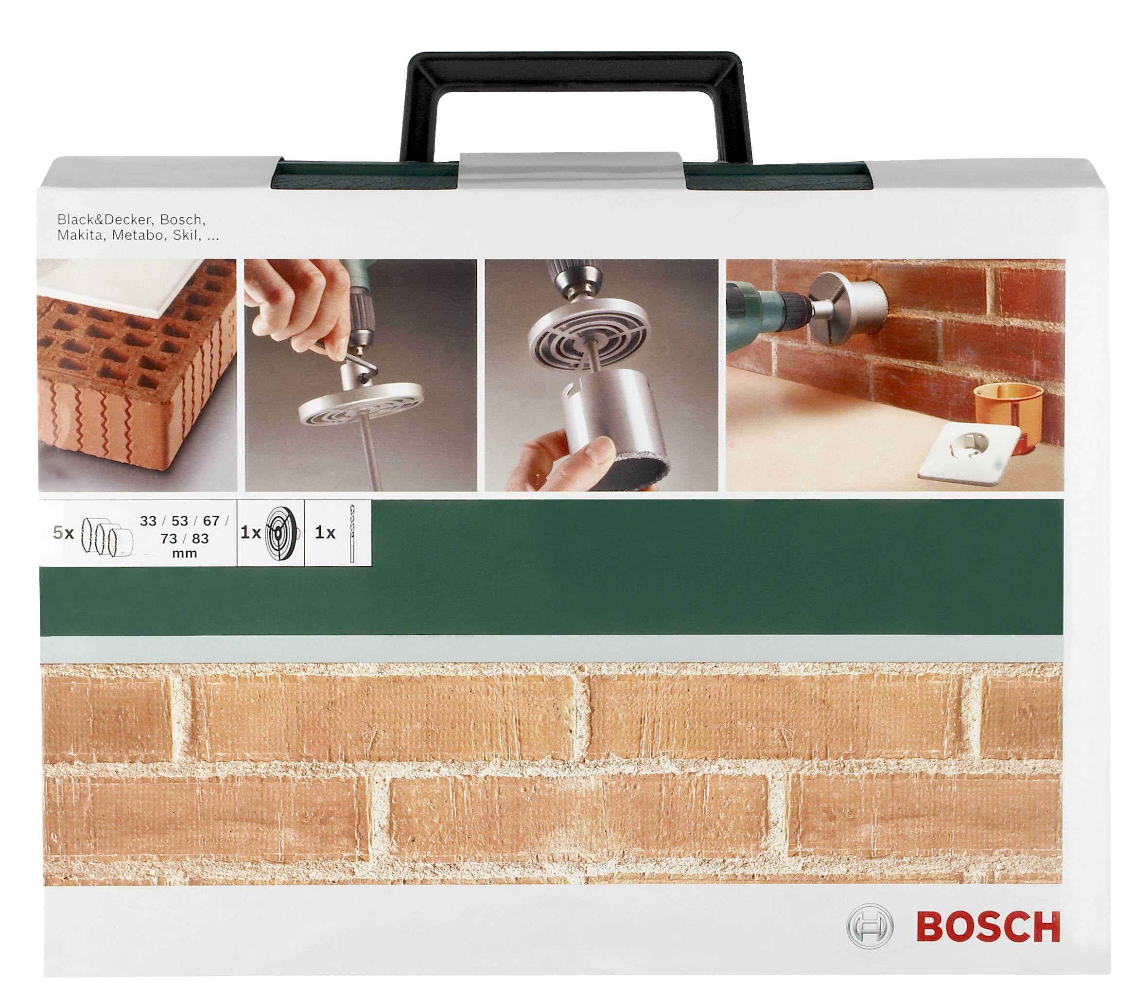 Der Bild zeigt einen Koffer mit Bohrwerkzeugen von Bosch. Oben sind vier Bilder, die verschiedene Bohranwendungen aufzeigen. Unten ist eine Backsteinmauer abgebildet.
