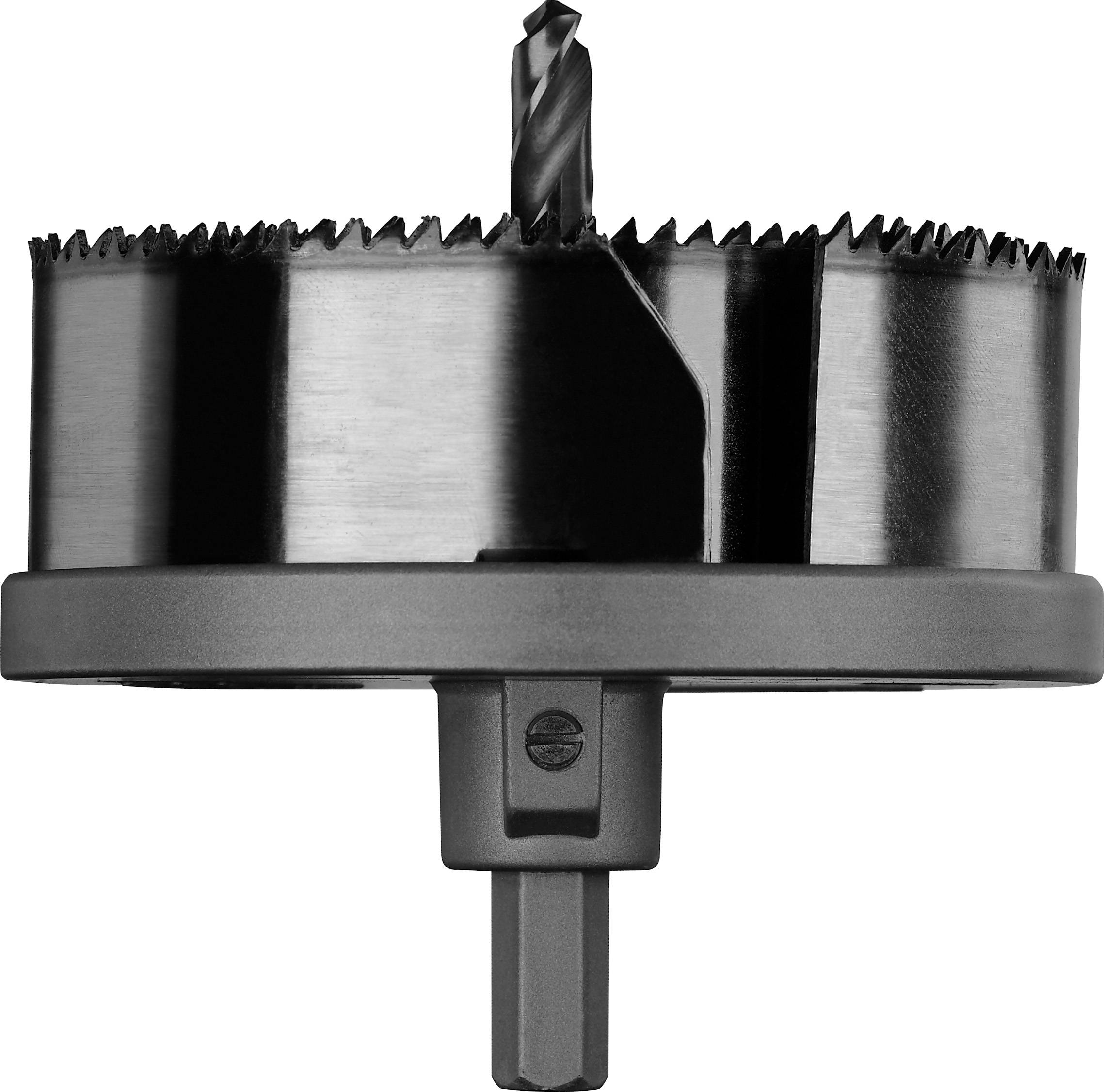 Ein schwarzer Lochsägeaufsatz mit gezackter Kante und Bohrer in der Mitte, montiert auf einem grauen Handbohreradapter.
