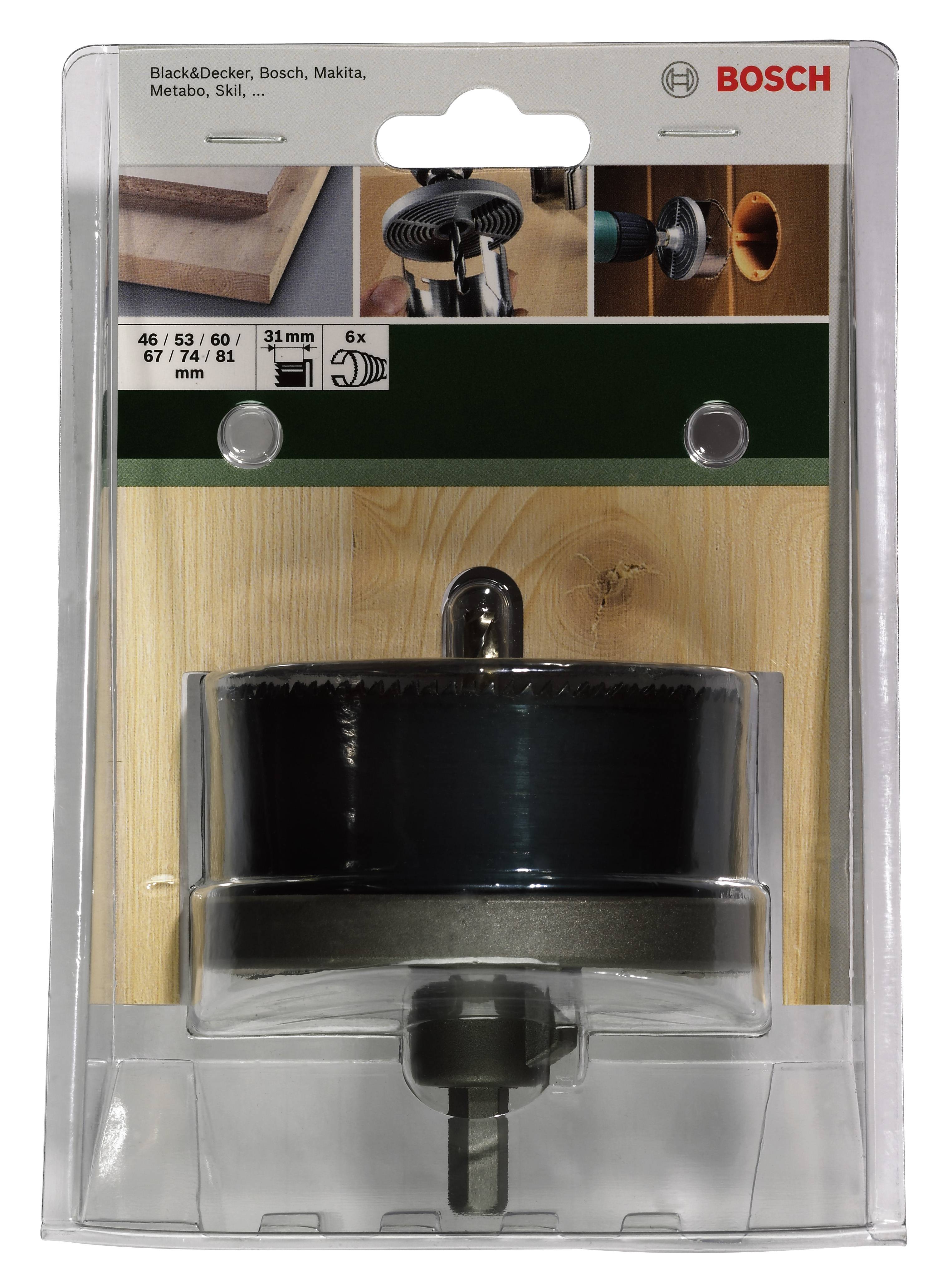 Eine verpackte Lochsäge von Bosch mit verschiedenen Aufsätzen. Auf der Rückseite sind Bohrbeispiele mit Holz und Anleitung zu sehen.