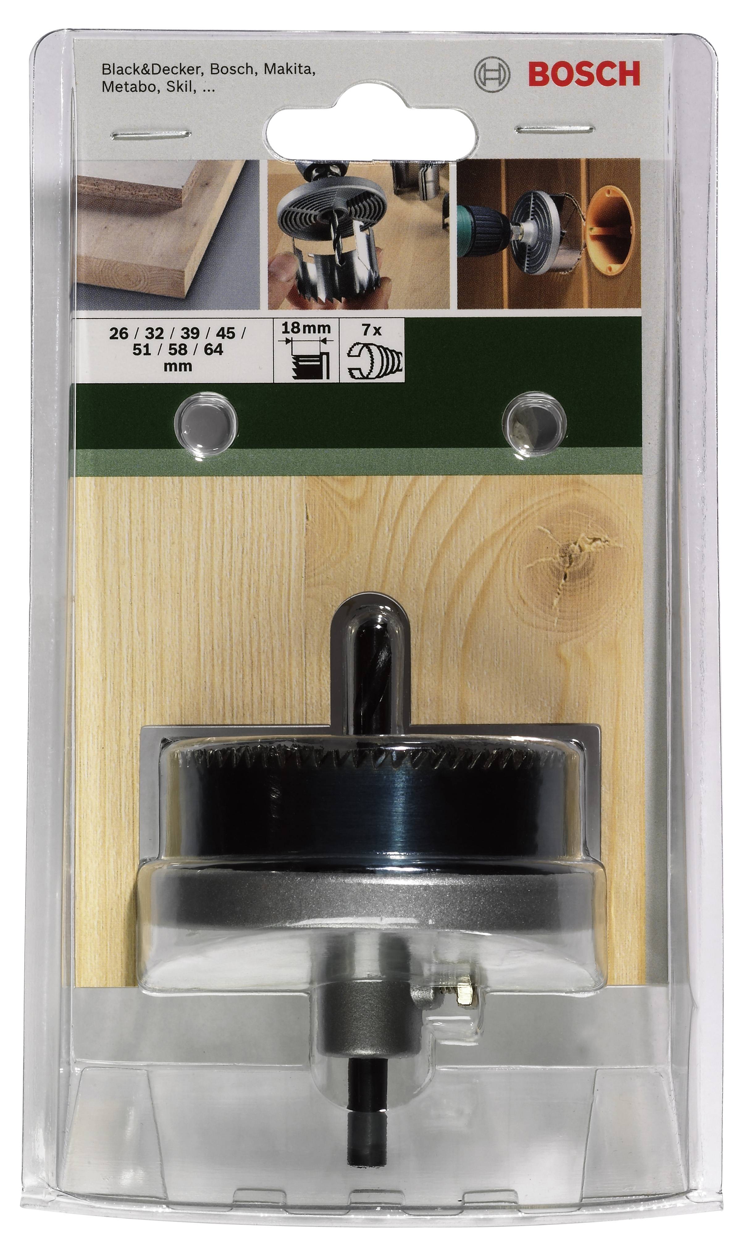 Bohrkrone-Set in Verpackung, geeignet für Holz, Kunststoff und Metall. Enthält sieben Teile mit verschiedenen Durchmessern. Markenkompatibilität oben angegeben.