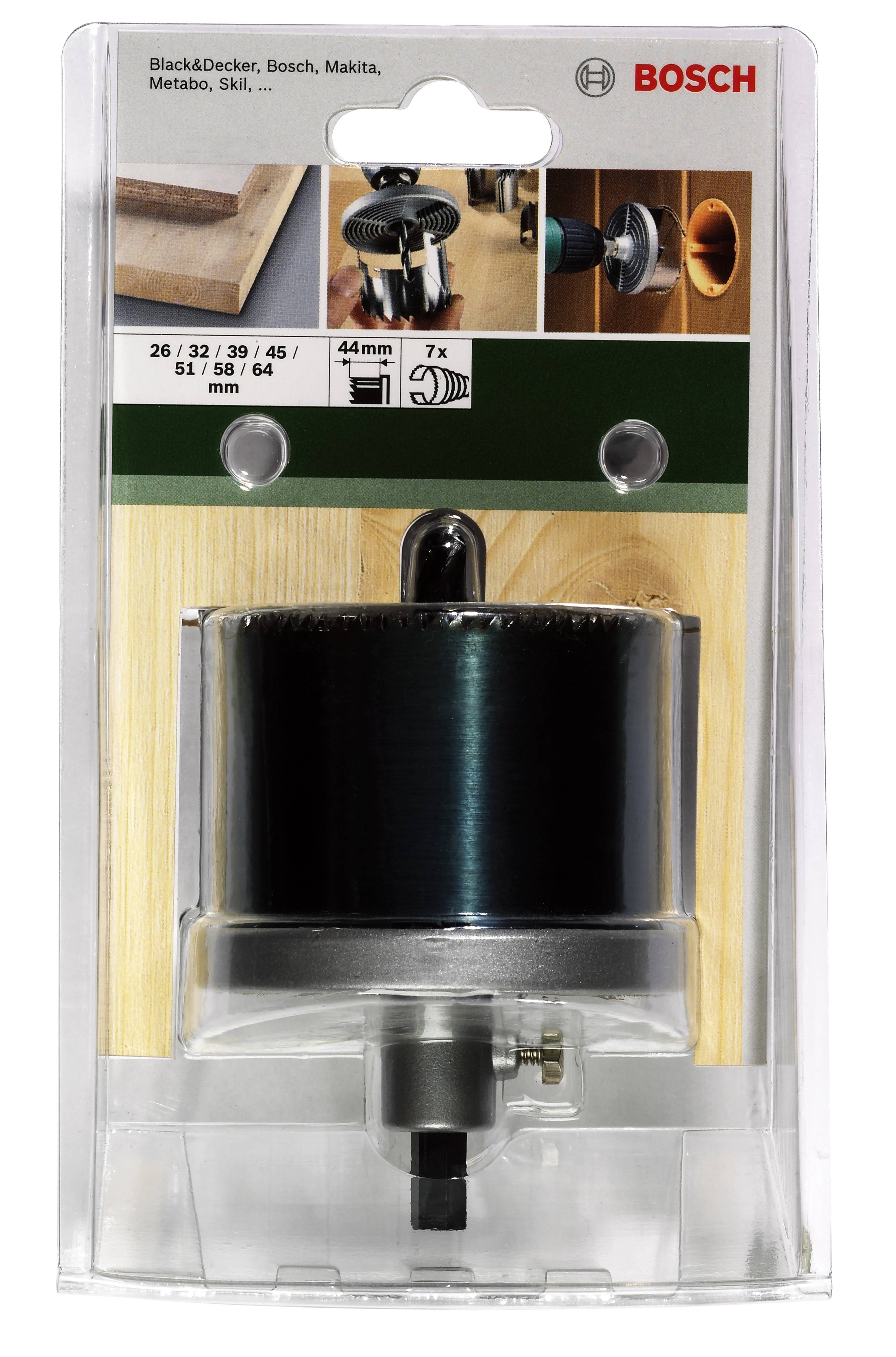 Verpackung eines Sägeblatt-Sets von Bosch, geeignet für Holzarbeiten. Zeigt Abbildungen der Anwendung an Holzpaneelen.