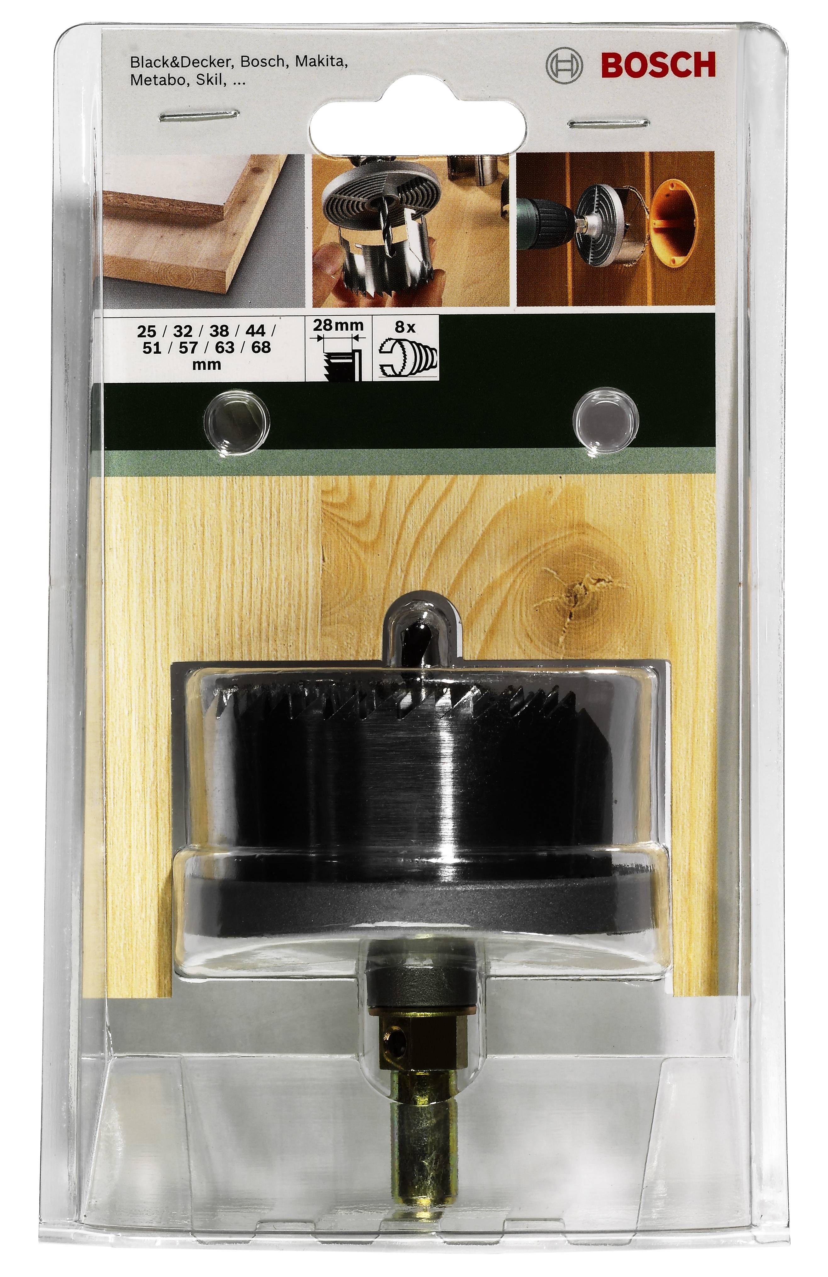 Verpackung eines Lochsäge-Sets von Bosch. Abgebildet sind verschiedene Lochgrößen. Nutzungsbeispiel für Holzbohrungen.