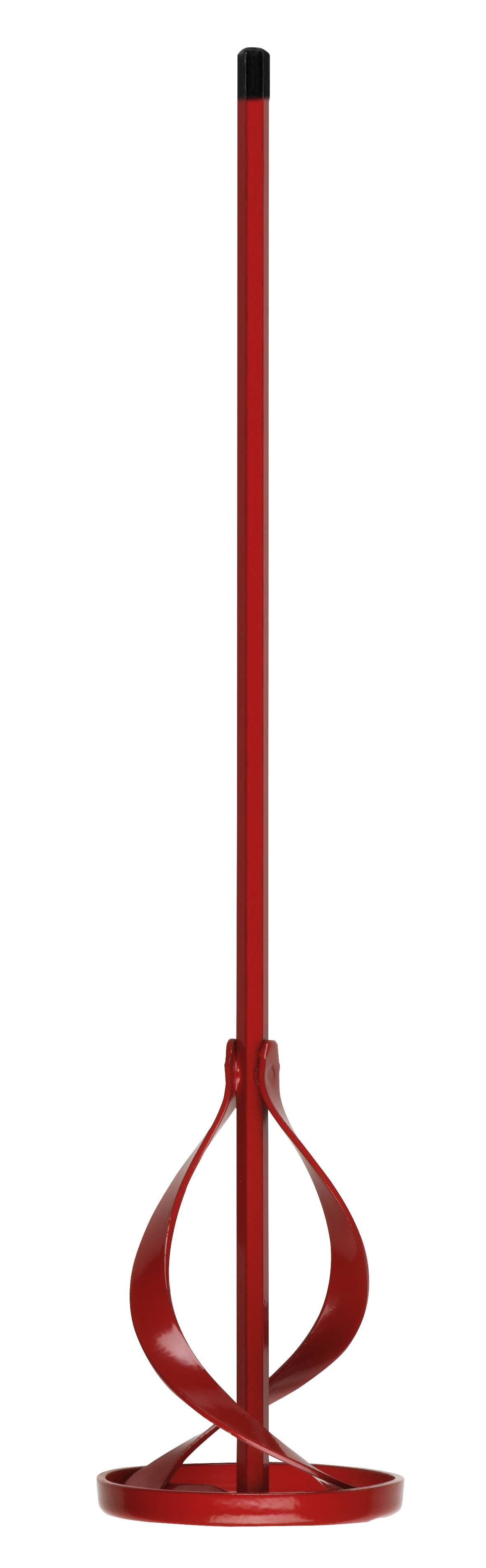 Roter Betonrührer mit langem Griff und spiralförmigem Mischkopf, aufrecht positioniert.