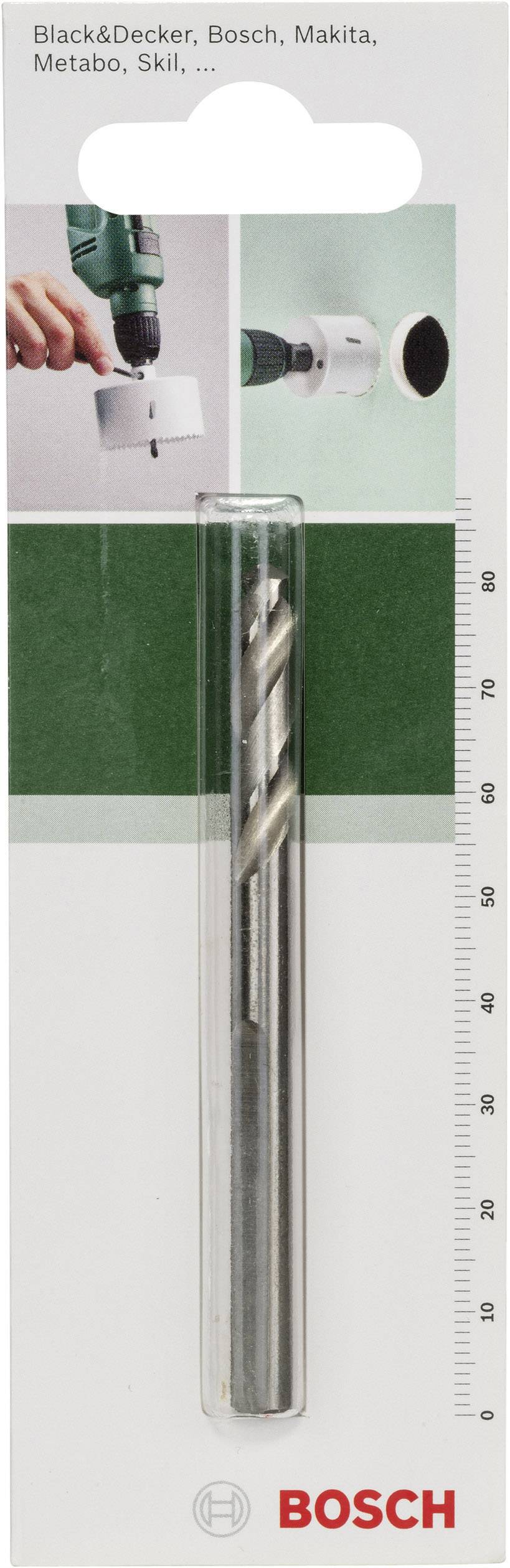 Bohrer-Verpackung mit Bohrer und Bild von Bohrvorgang. Markenlogos und Skalierung neben dem Bohrer abgebildet.