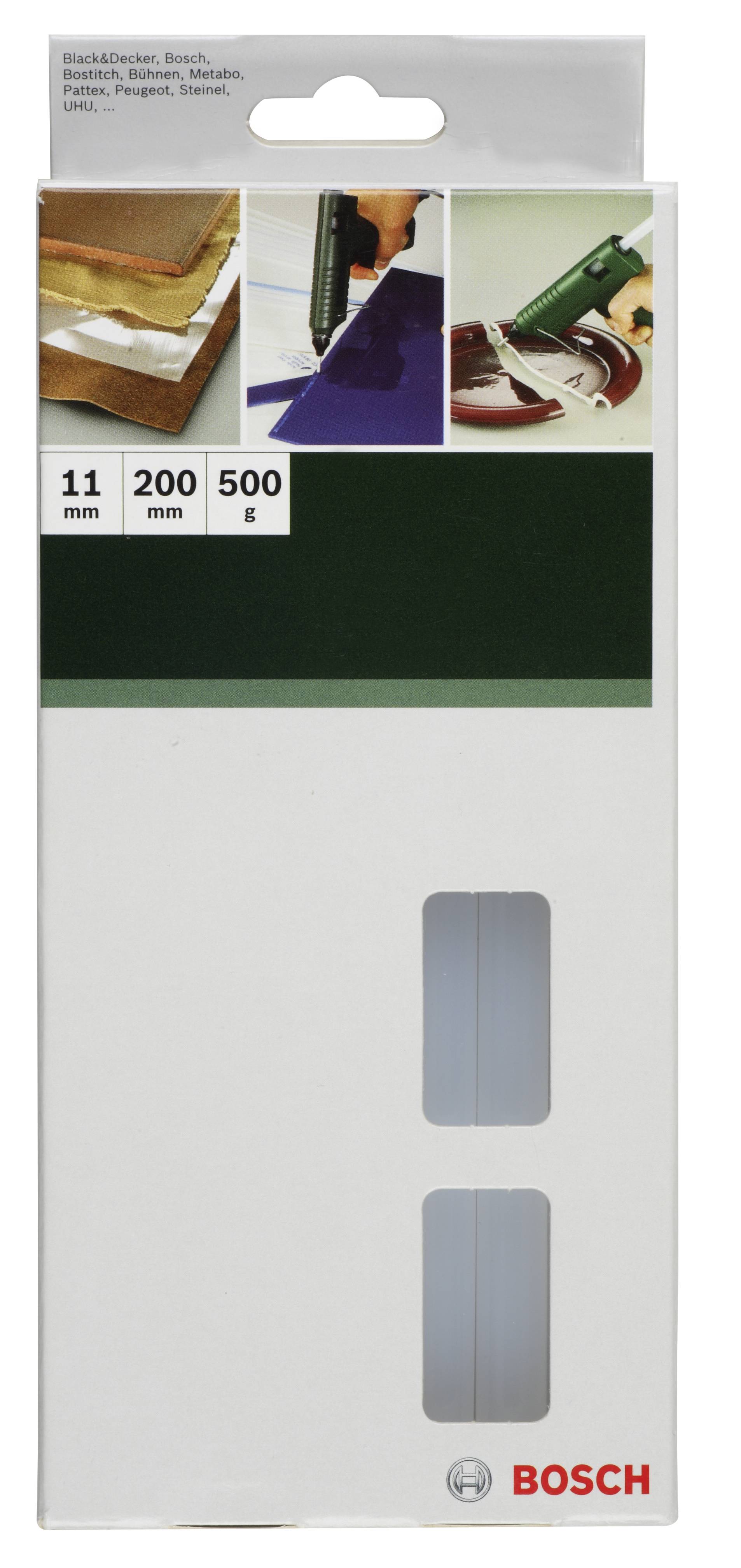 Verpackung mit Heißklebesticks, 11 mm Durchmesser, 200 mm Länge, 500 g. Markenname 'BOSCH' unten rechts auf der Packung.