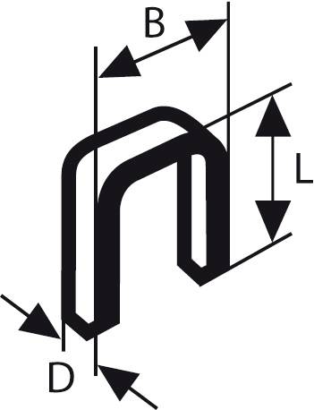 Diagramm eines rechtwinkligen, gekrümmten Metallstabs mit Beschriftungen für Breite (B), Länge (L) und Durchmesser (D).