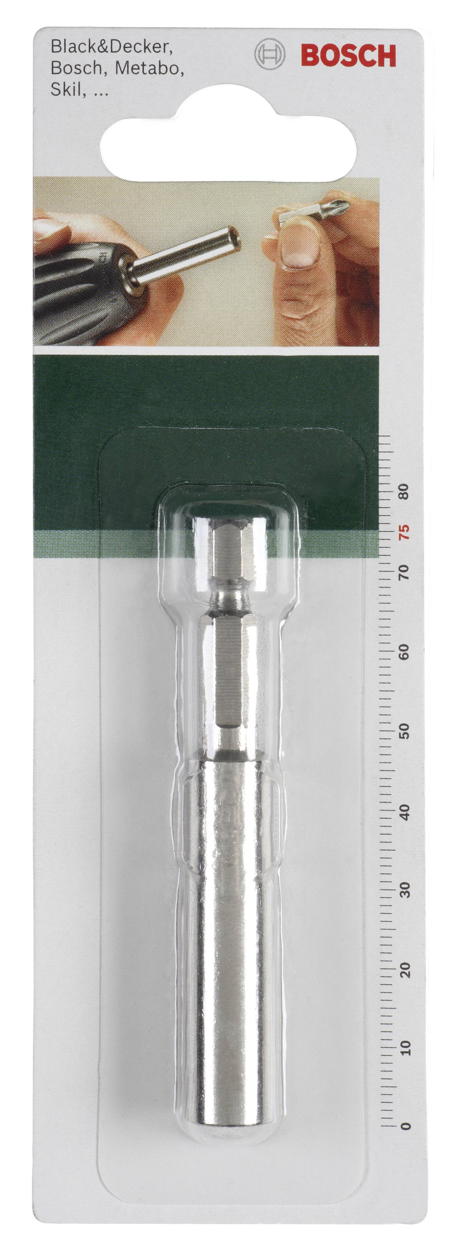 Verpackung eines Bosch Magnet-Bithalters zur Aufnahme von Schraubendreher-Bits. Oben sind Hände beim Einsatz des Halters abgebildet.