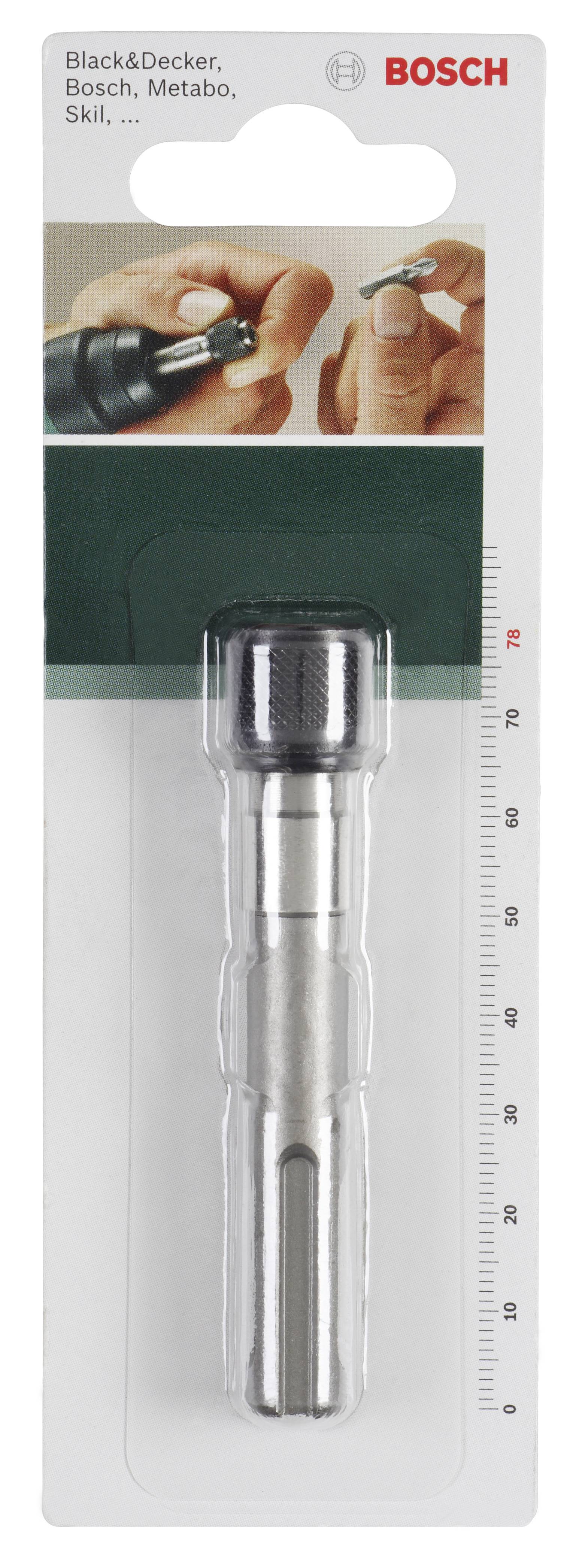 Bohrmaschinenadapter in Verpackung. Kompatibel mit Black&Decker, Bosch, Metabo, Skil. Verpackung zeigt Nutzungshinweise.