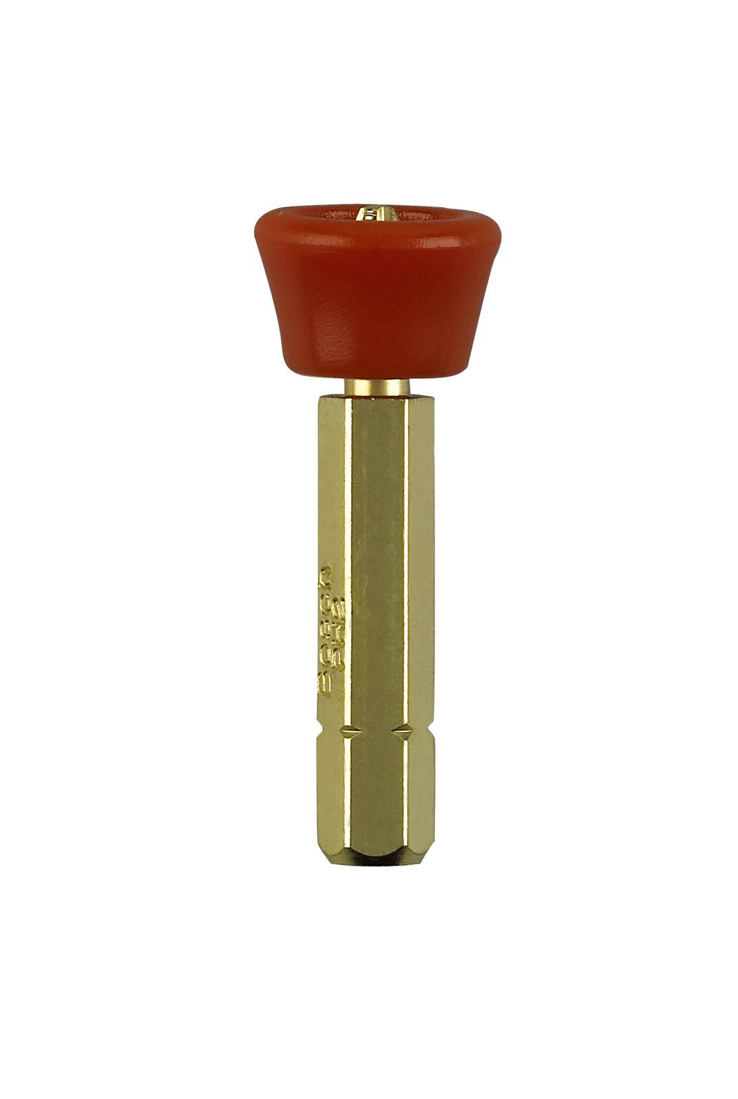 Ein goldener Schraubbit mit orangefarbenem Kopf, geeignet für Schraubendreher.