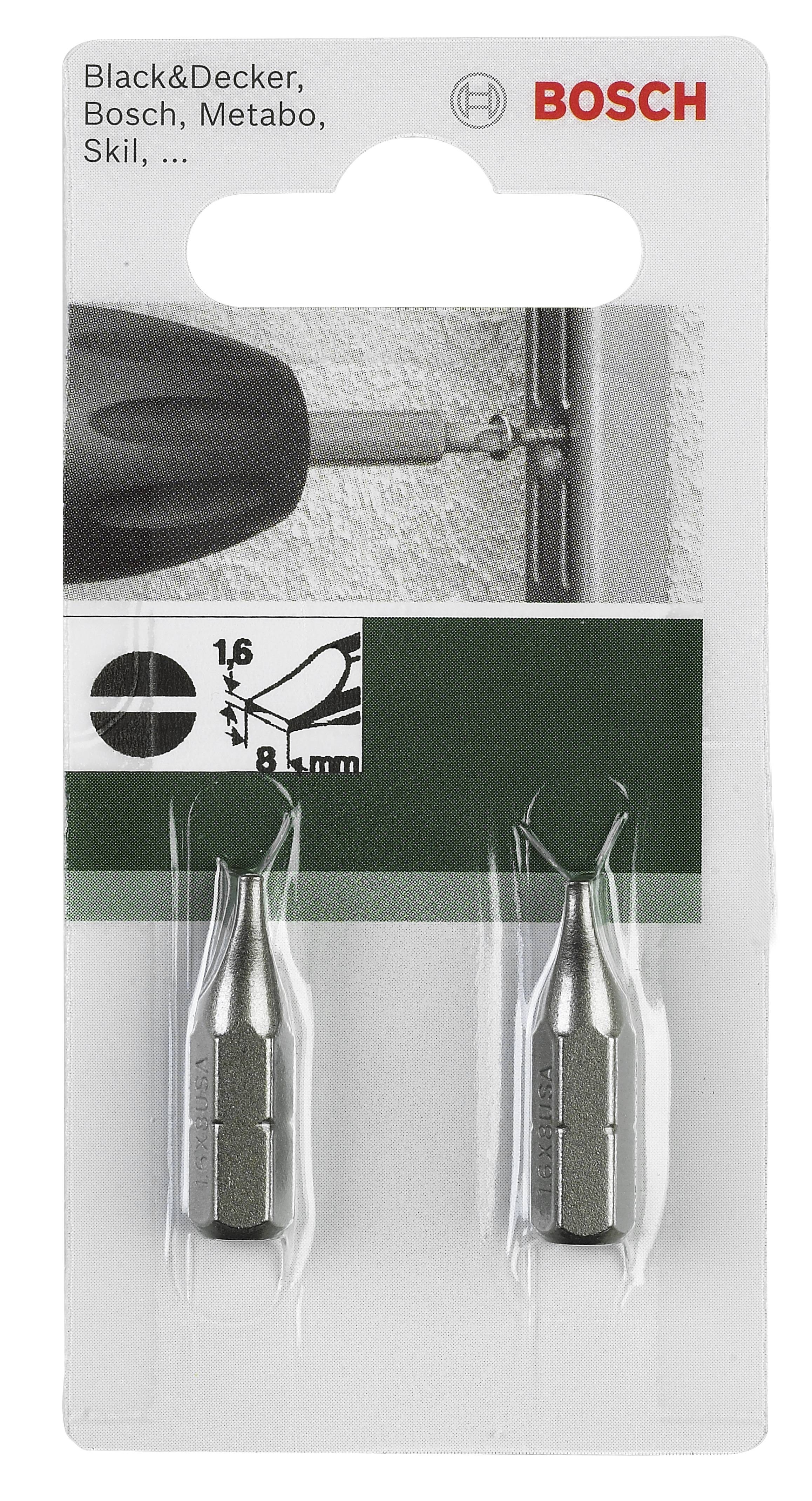 Zwei Schrauberbits in einer Blisterverpackung mit der Aufschrift 'Black&Decker, Bosch, Metabo, Skil'. Ein Bohrer im Einsatz.
