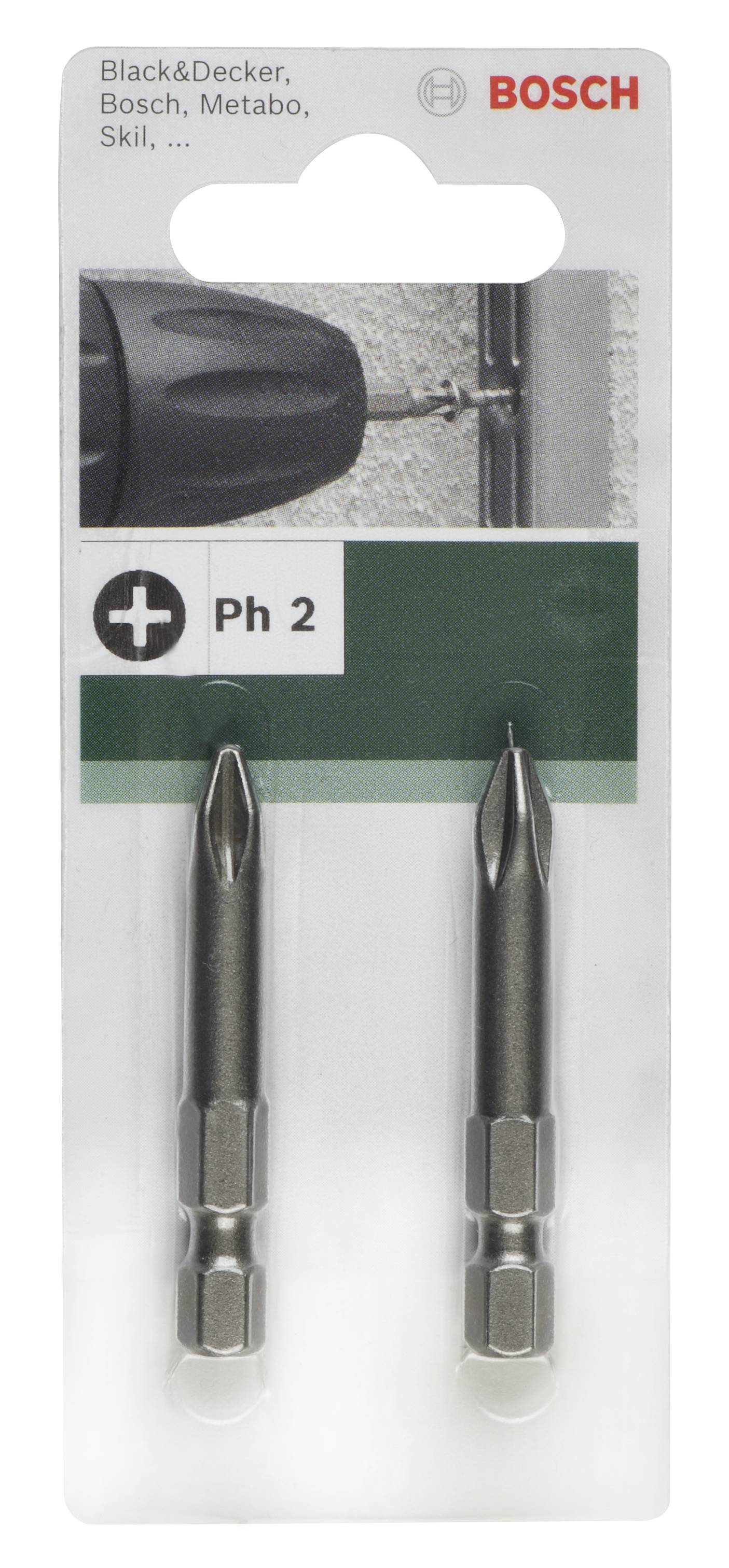 Verpackung mit zwei Bosch Schrauberbits, Typ Ph 2, für Marken wie Black&Decker und Metabo. Oben rechts ist das Bosch-Logo sichtbar.