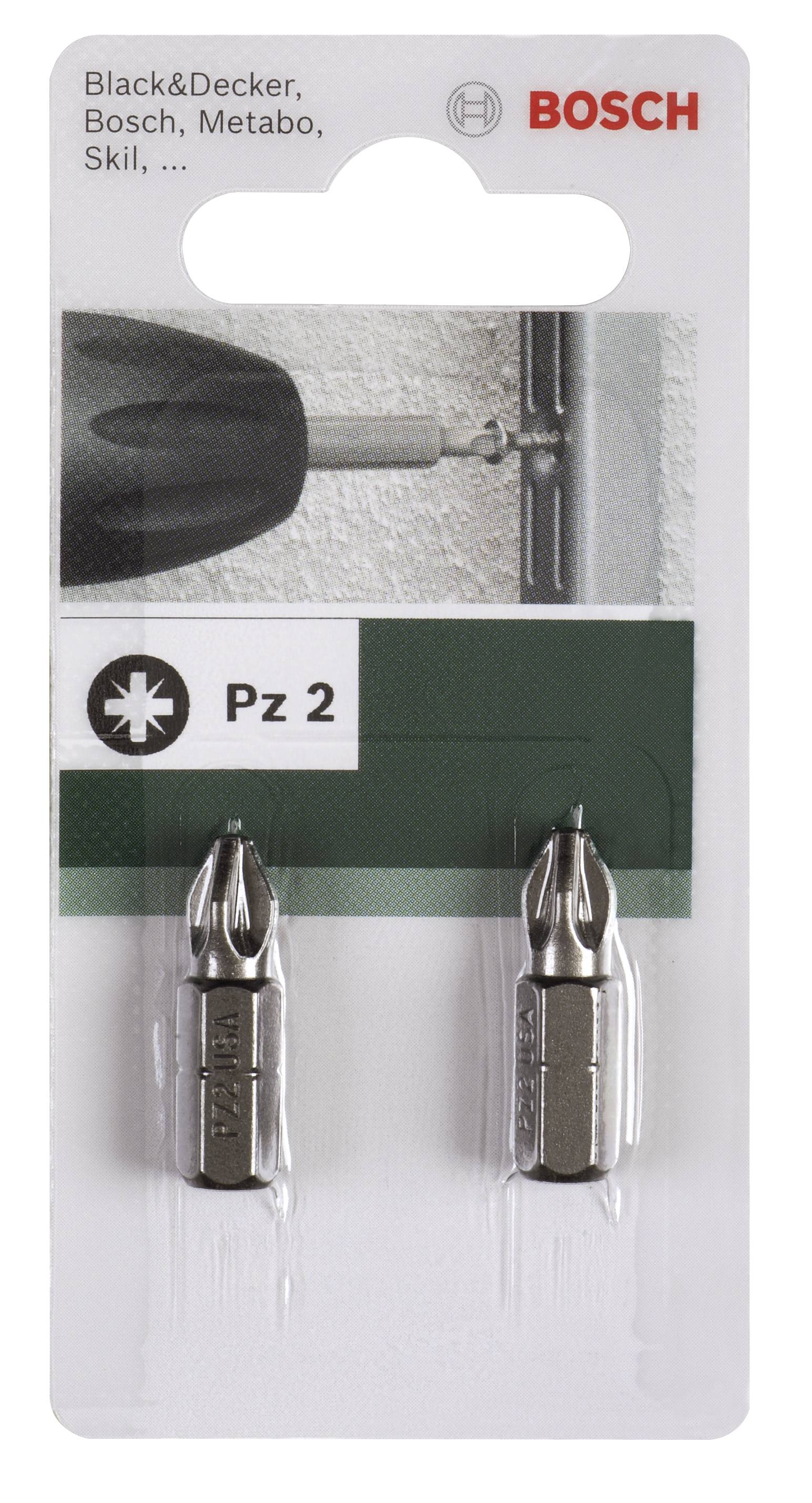 Verpackung mit zwei Kreuzschlitz-Bits der Größe Pz 2. Passend für Marken wie Black&Decker, Bosch, Metabo und Skil.