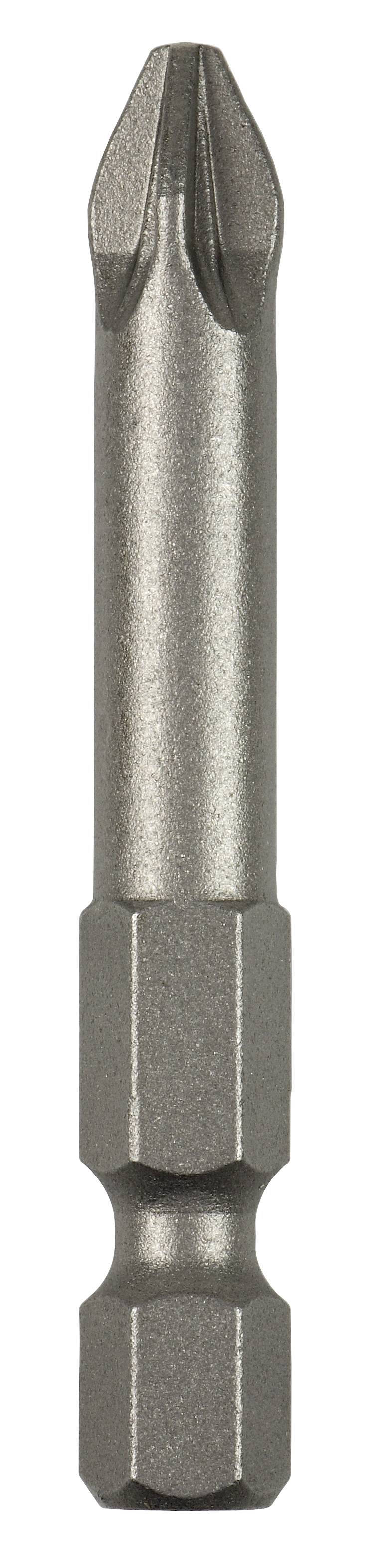 Ein silberfarbener Kreuzschlitz-Schraubendreher-Bit, frontal betrachtet.