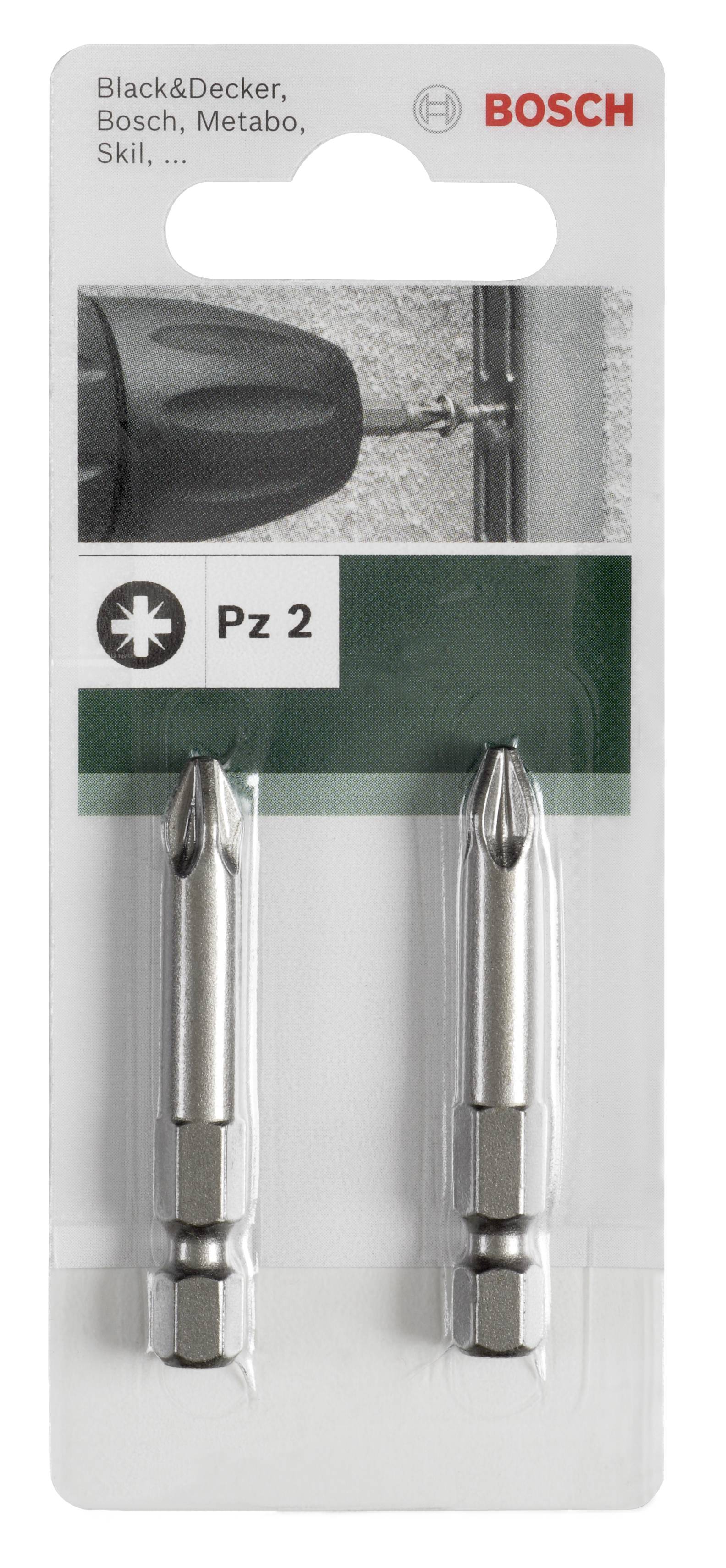 Verpackung mit zwei Bosch Schraubendreher-Bits, Pz 2, geeignet für Bohrmaschinen von Marken wie Black&Decker und Metabo.