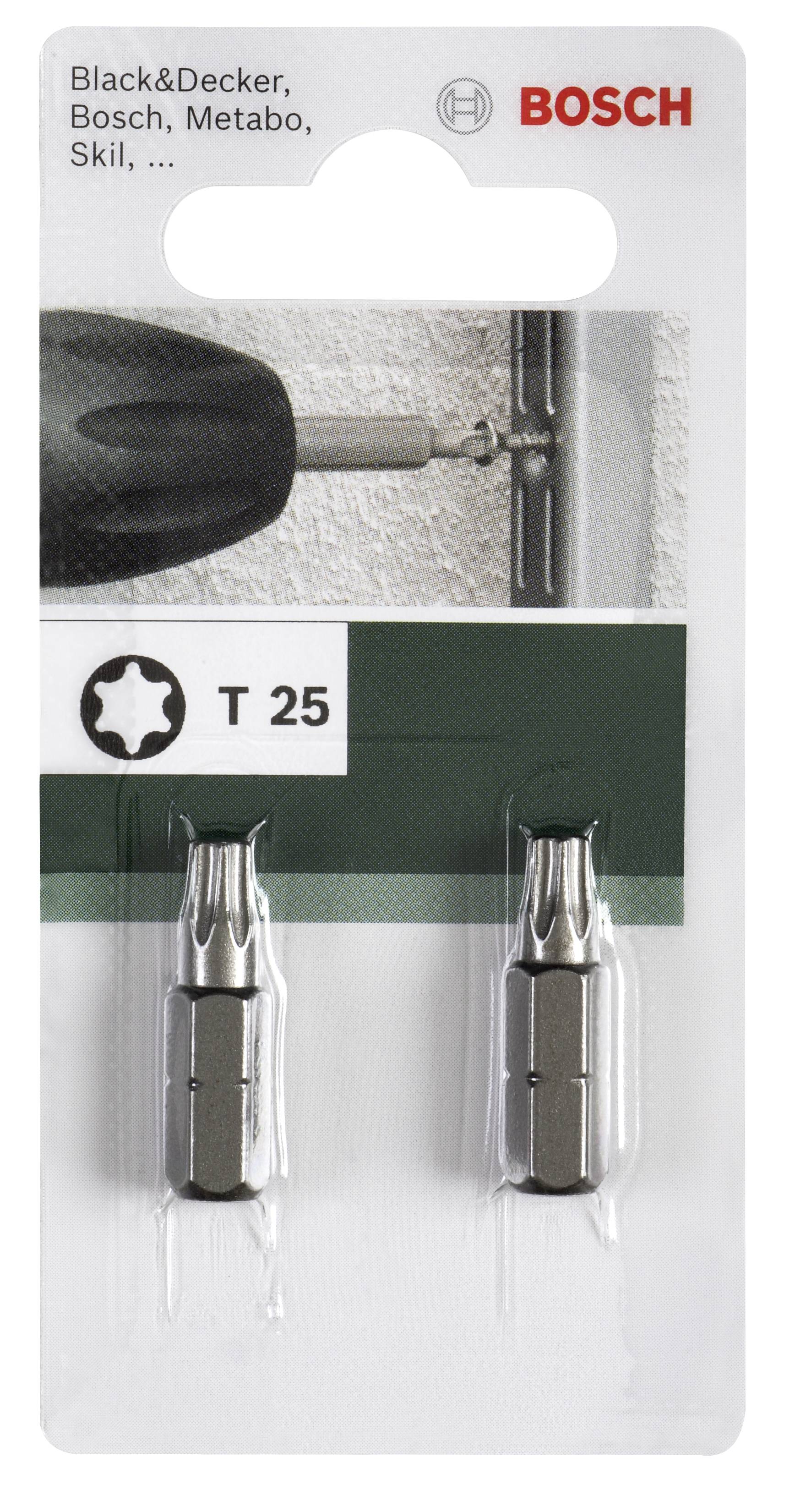 Verpackung mit zwei Schrauberbits, Torx T25, geeignet für Marken wie Black&Decker, Bosch, Metabo, Skil. Markenname 'Bosch'.