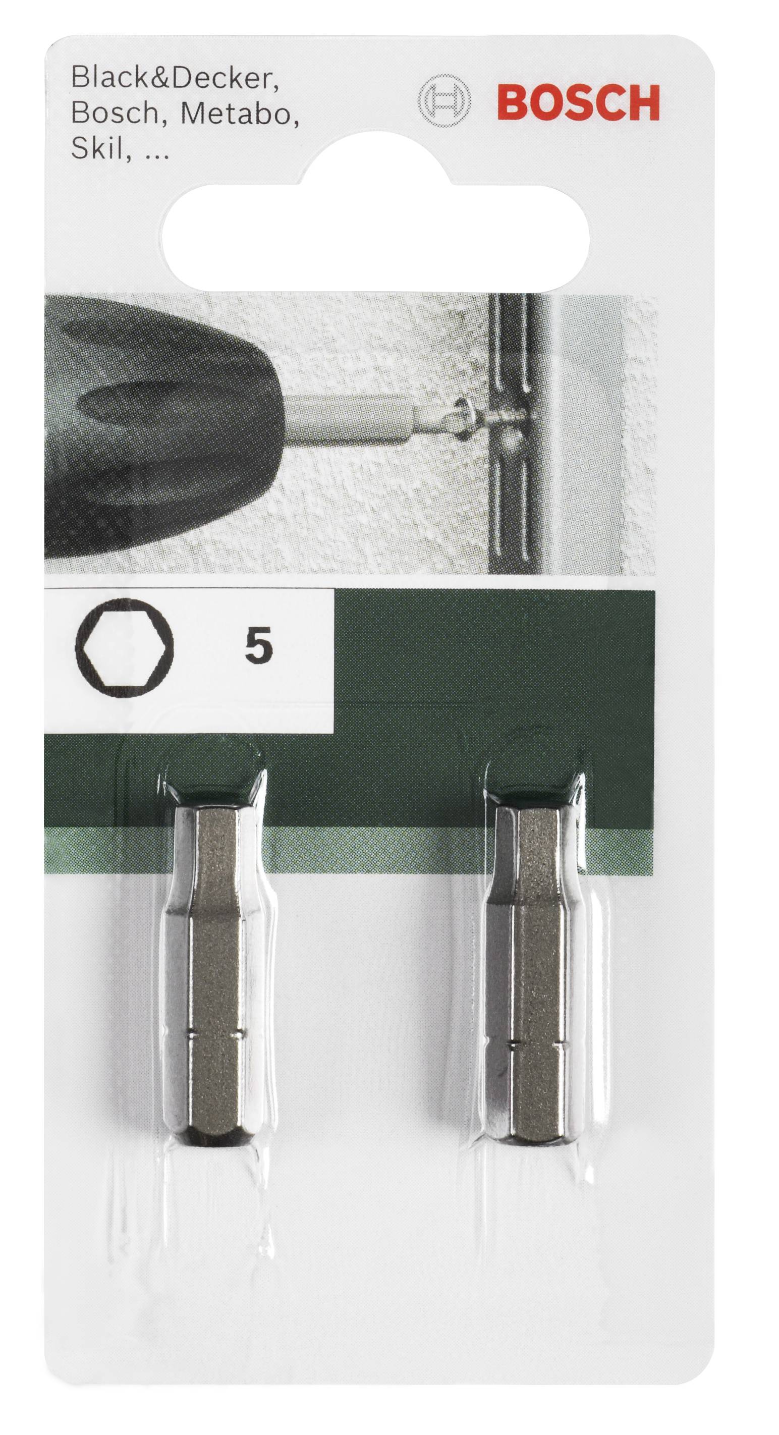 'Bosch' Markenbohreraufsätze, zwei Stück, geeignet für Black & Decker, Bosch, Metabo, abgebildet an einer Schraube in der Wand.