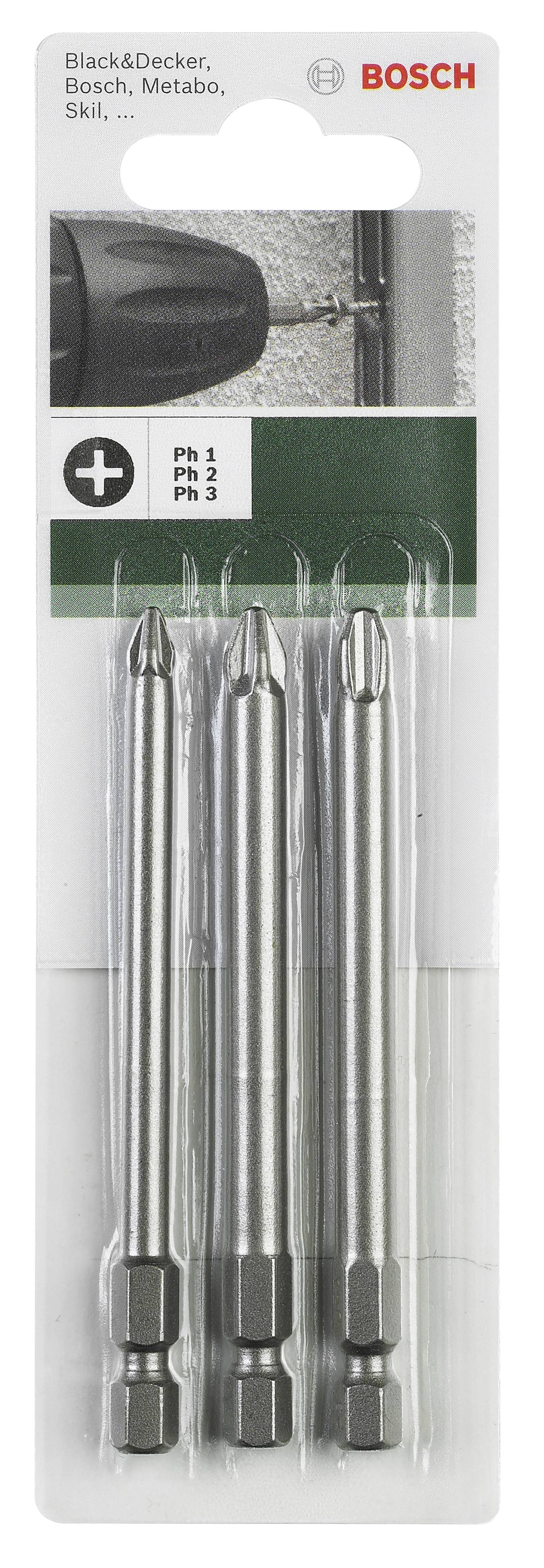 Verpackung mit drei silbernen Kreuzschlitz-Bitaufsätzen für Bohrschrauber. Oben Markenlogos. Geeignet für verschiedene Werkzeuge.