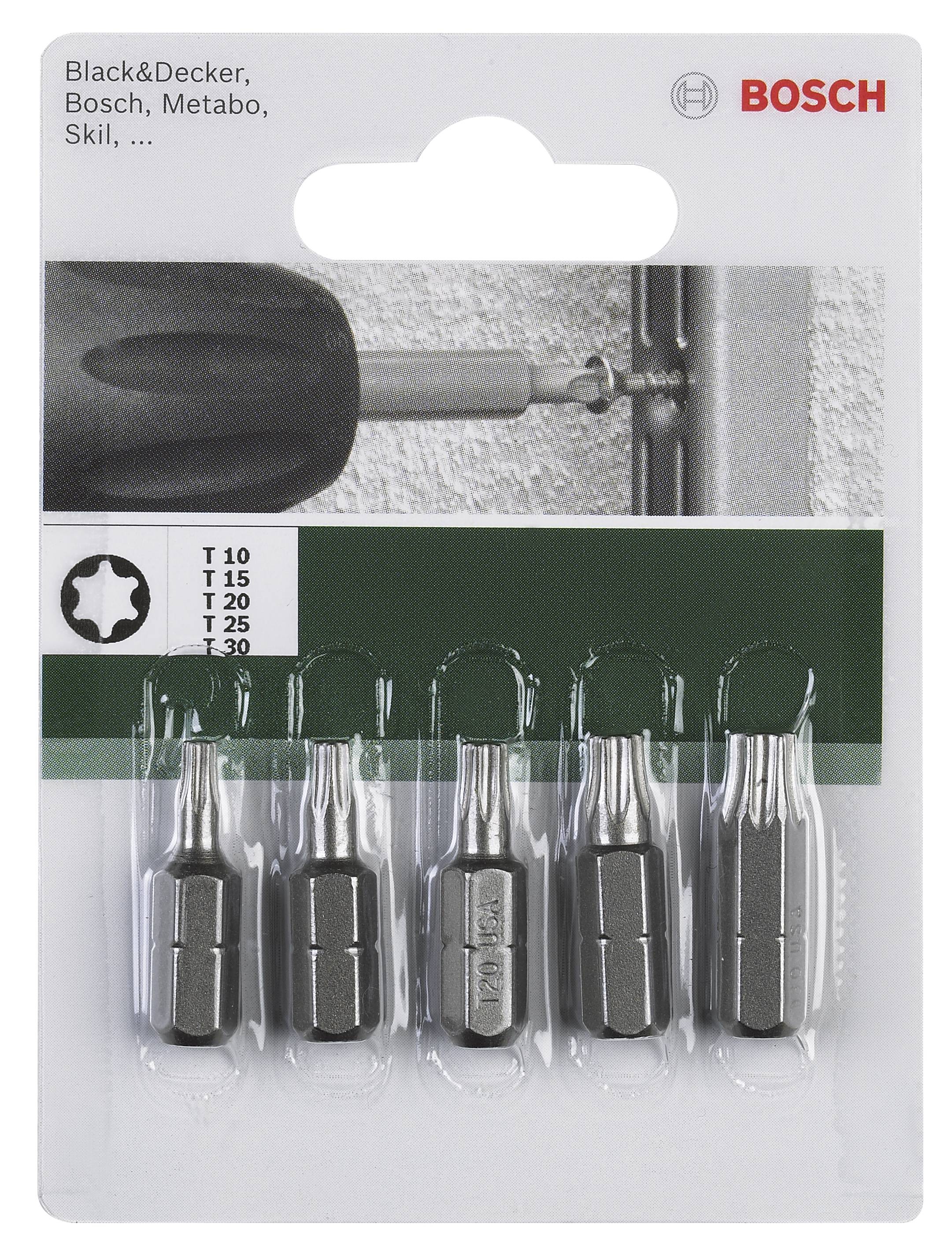 Ein Set aus fünf Schraubendreherbits mit Torx-Kopf, geeignet für verschiedene Marken wie Black & Decker und Bosch, auf einer Blisterverpackung.