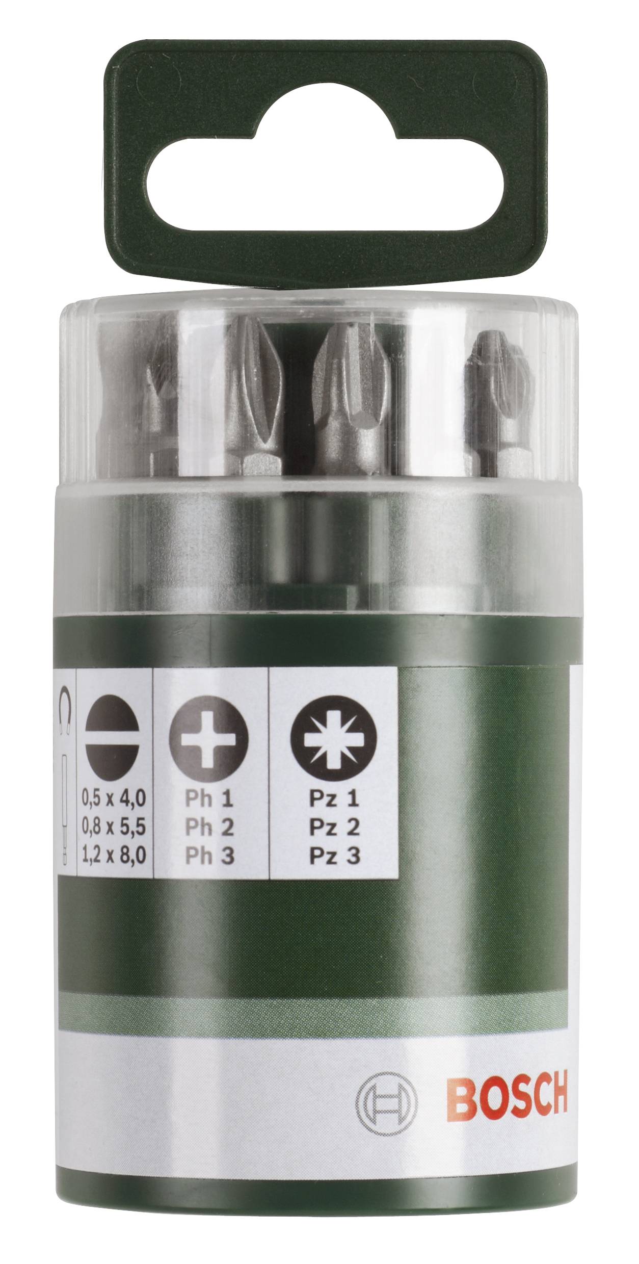 Ein Set von Bosch-Schraubendreherbits in einem transparenten, zylinderförmigen Behälter mit grünem Etikett und verschiedenen Bitgrößen.