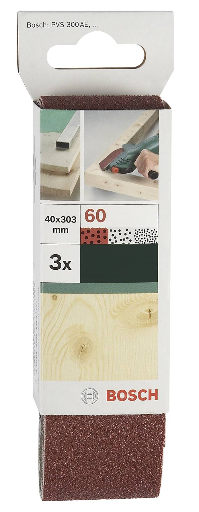 Packung mit Schleifpapier, Marke Bosch, für Holzarbeiten. Enthält 3 Stücke, Größe 40x303 mm, Körnung 60.