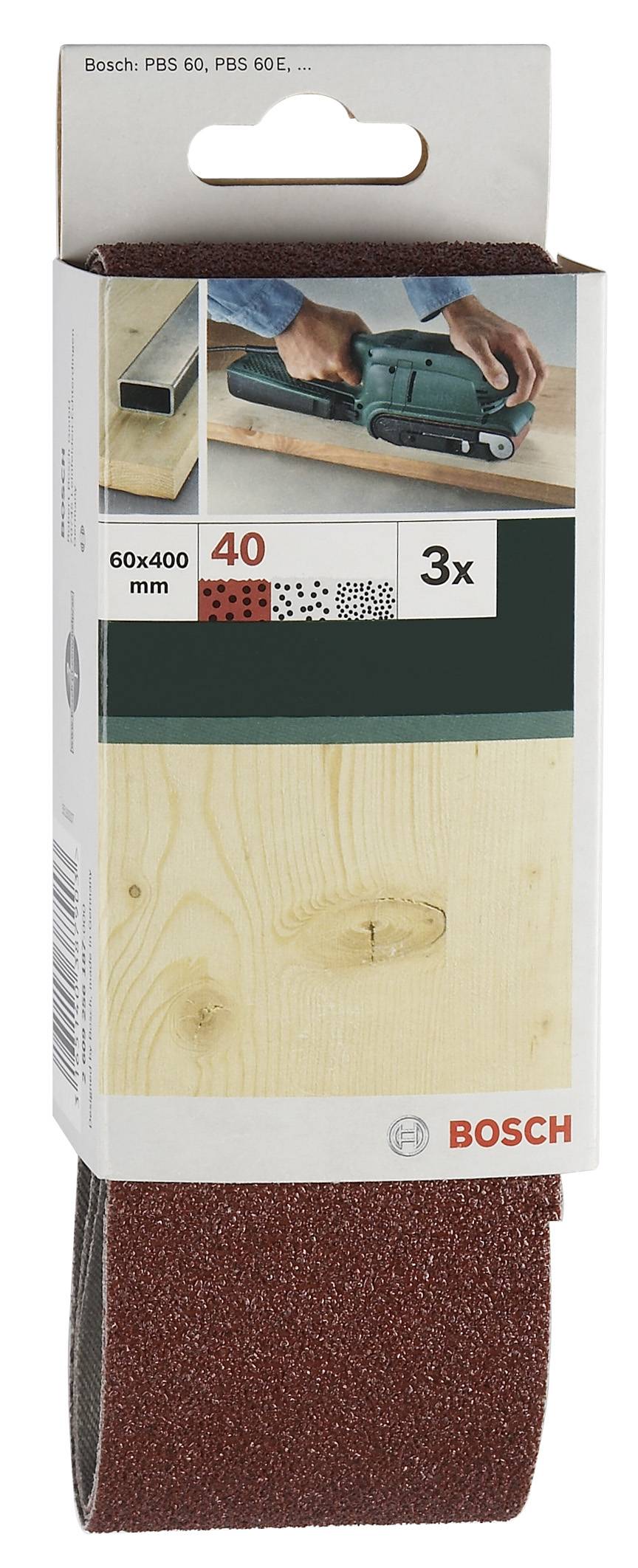 Schleifband-Verpackung mit Aufdruck '60x400 mm, Körnung 40, 3 Stück', Markenname 'Bosch' und Abbildung eines Bandschleifers auf Holz.