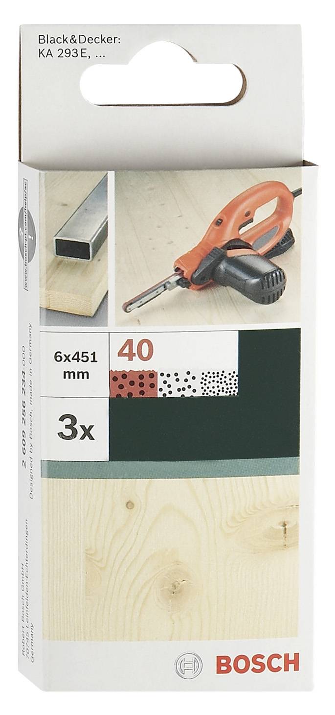 Verpackung eines Schleifbandes der Marke Bosch, geeignet für 6x451 mm Bandschleifer, Körnung 40, Abbildung eines Schleifers und Holzes.